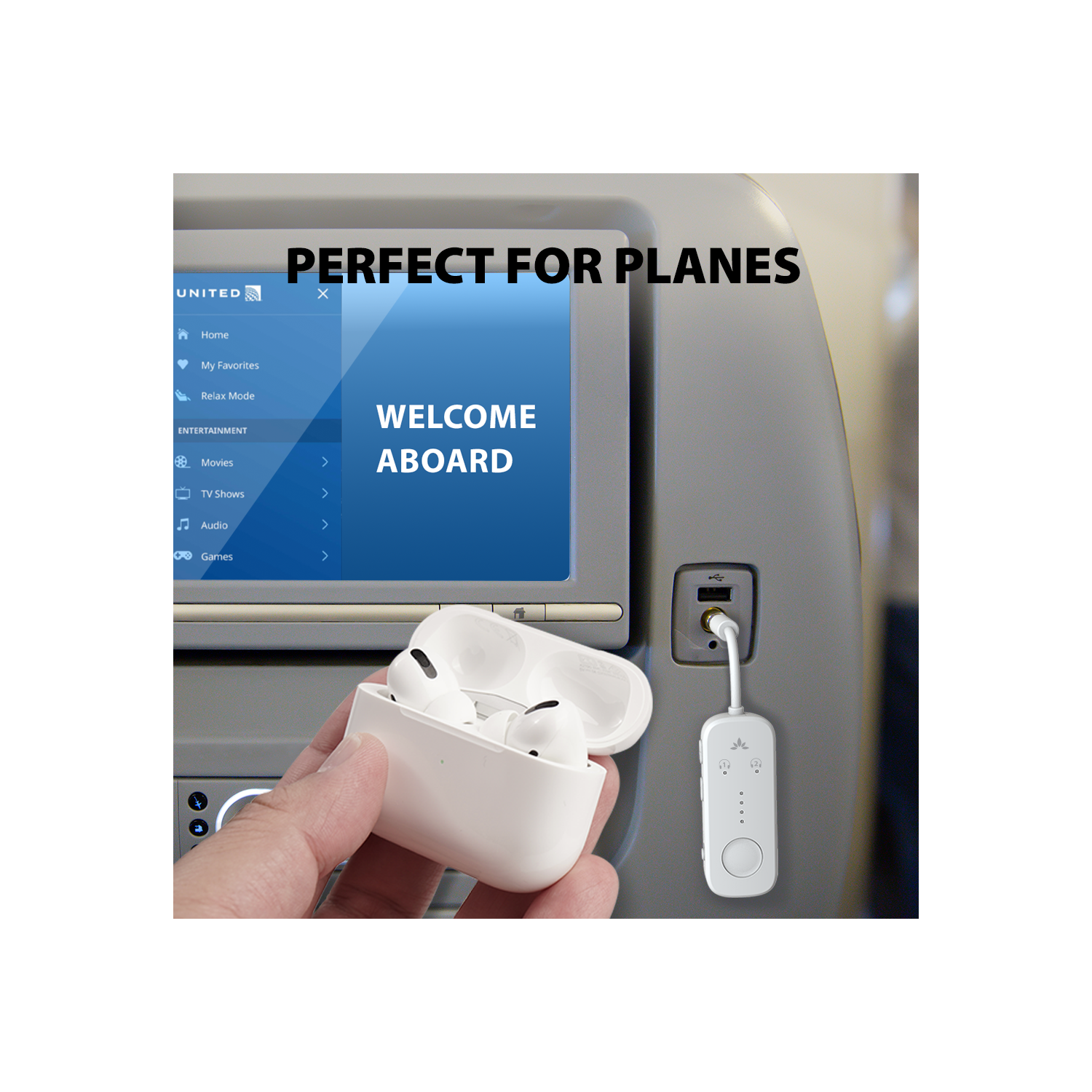 Avantree Relay - Premium Airplane Bluetooth 5.3 Adapter for All Headphones, apt-X Low Latency, Supports 2 Headphones or AirPods, Wireless Audio
