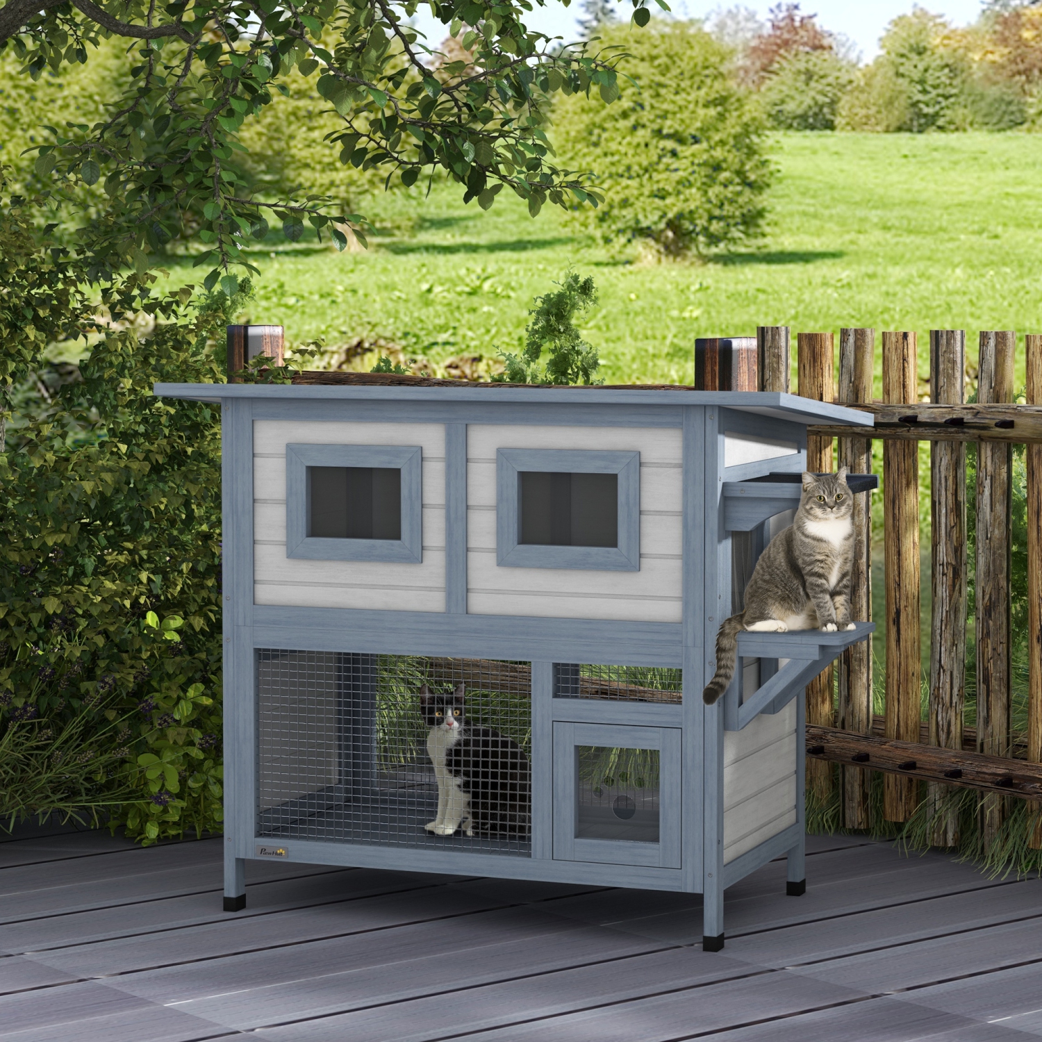 PawHut Outdoor Cat House, 2 Tier Wooden Feral Cat Shelter with Escape Door, Weatherproof Roof, Jump platform, Observer Windows, for 1-2 Cats, Outside
