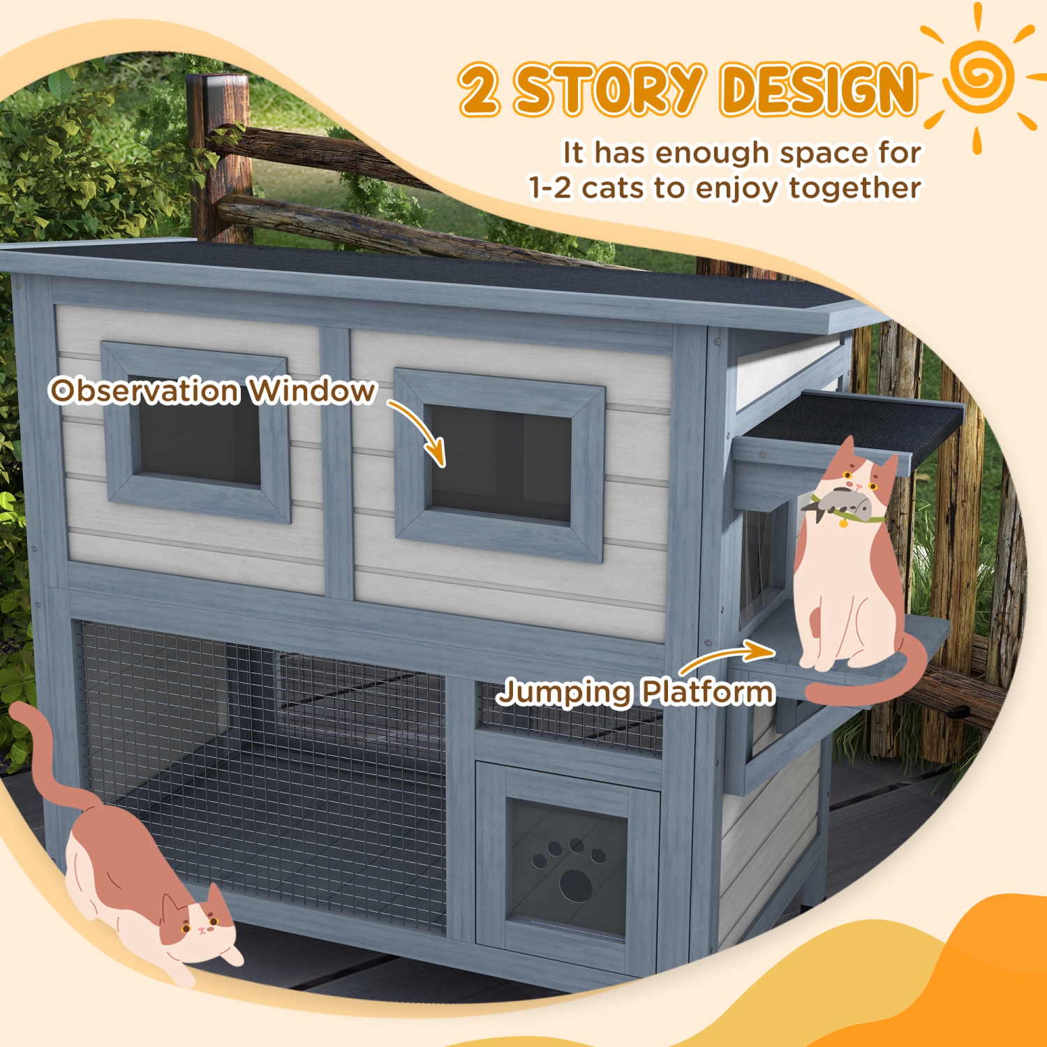 PawHut Outdoor Cat House, 2 Tier Wooden Feral Cat Shelter with Escape Door, Weatherproof Roof, Jump platform, Observer Windows, for 1-2 Cats, Outside