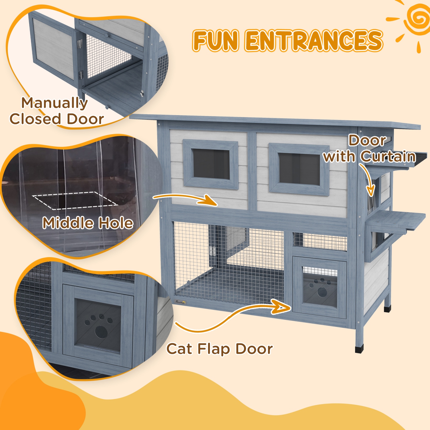 PawHut Outdoor Cat House, 2 Tier Wooden Feral Cat Shelter with Escape Door, Weatherproof Roof, Jump platform, Observer Windows, for 1-2 Cats, Outside