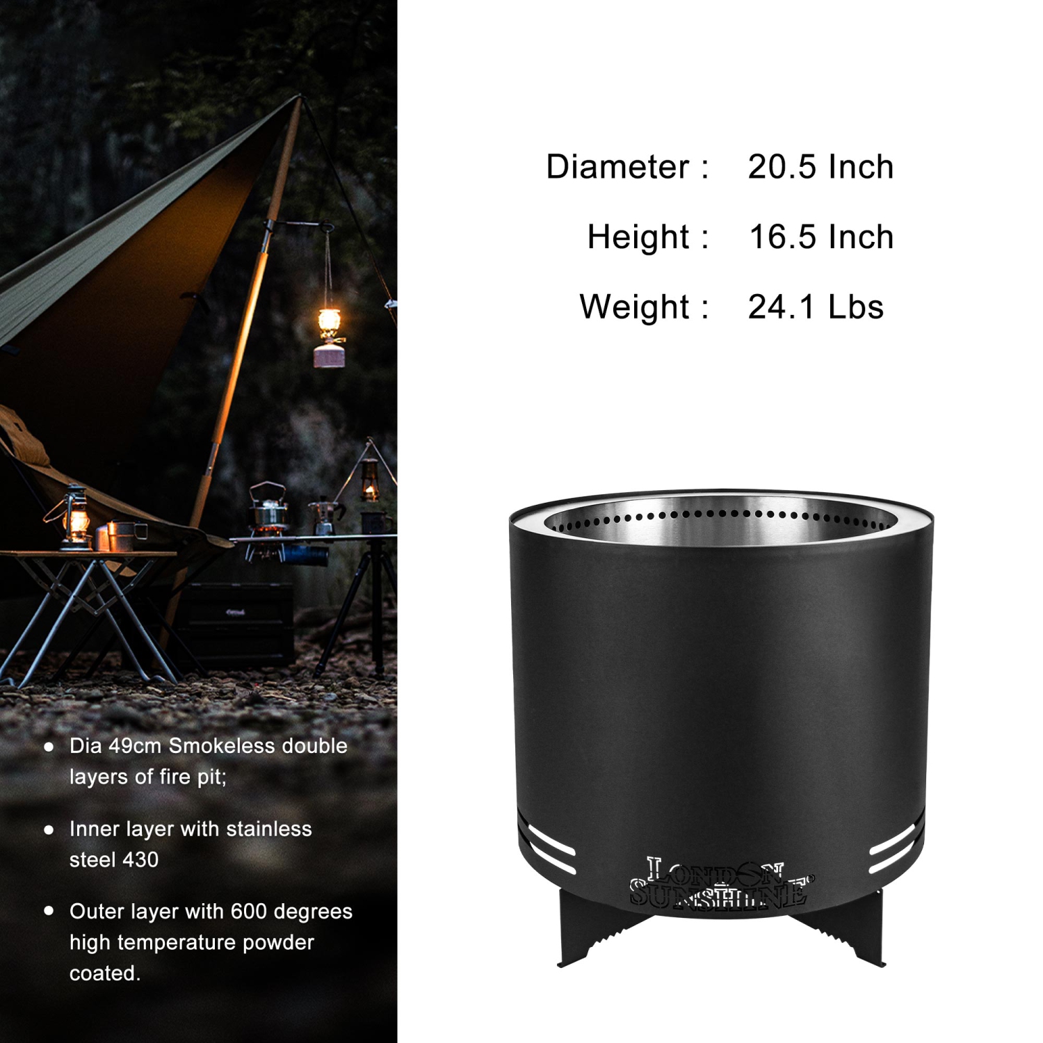 London Sunshine Portable Smokeless Fire Pit - Large Stainless Steel Wood Burning Fireplace with BBQ Grill Attachments - 19.5” Diameter