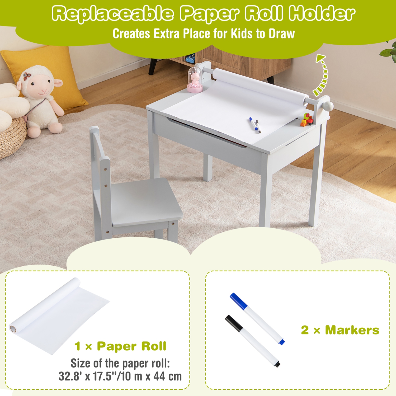 Costway Toddler Craft Table & Chair Set Kids Art Crafts Table withPaper Roll Holder