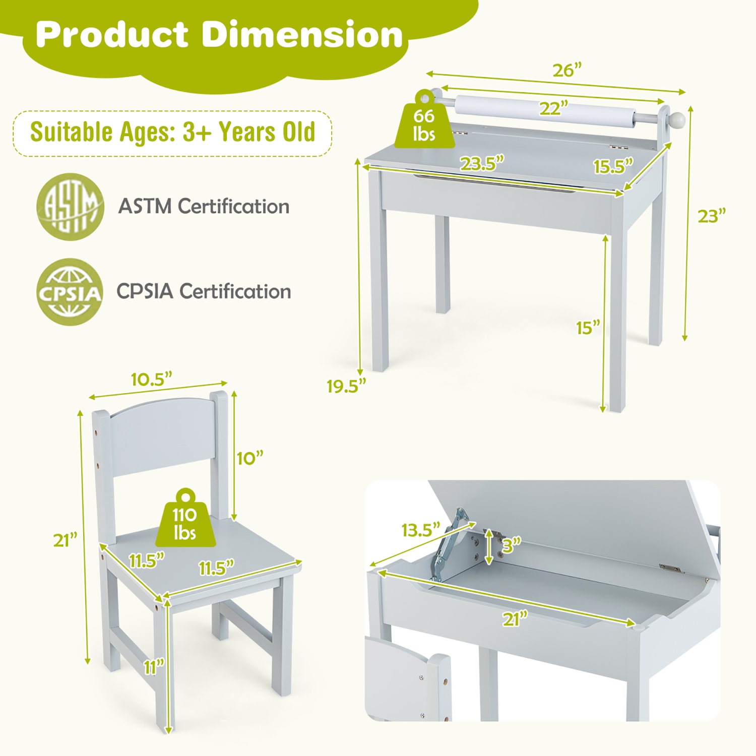 Costway Toddler Craft Table & Chair Set Kids Art Crafts Table withPaper Roll Holder