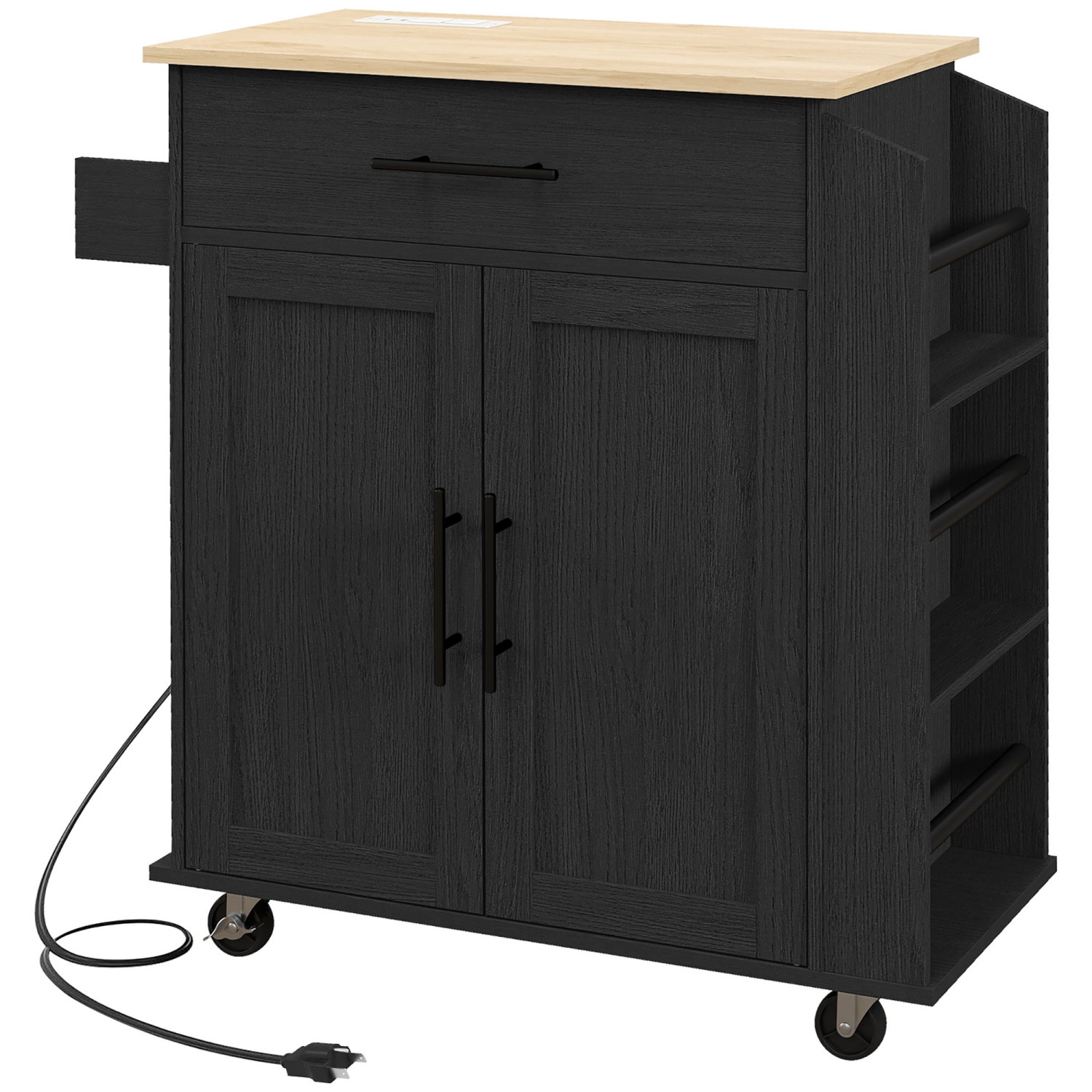 HOMCOM Kitchen Island on Wheels with Power Outlet, Rolling Kitchen Cart with Storage Drawer, Portable Microwave Stand with Cabinet, Towel Rack and