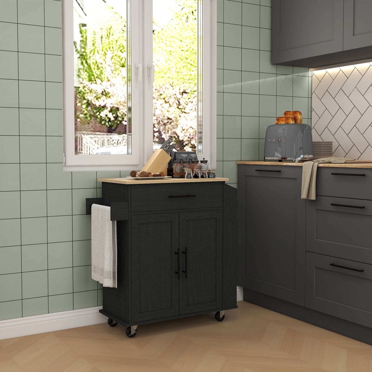 HOMCOM Kitchen Island on Wheels with Power Outlet, Rolling Kitchen Cart with Storage Drawer, Portable Microwave Stand with Cabinet, Towel Rack and