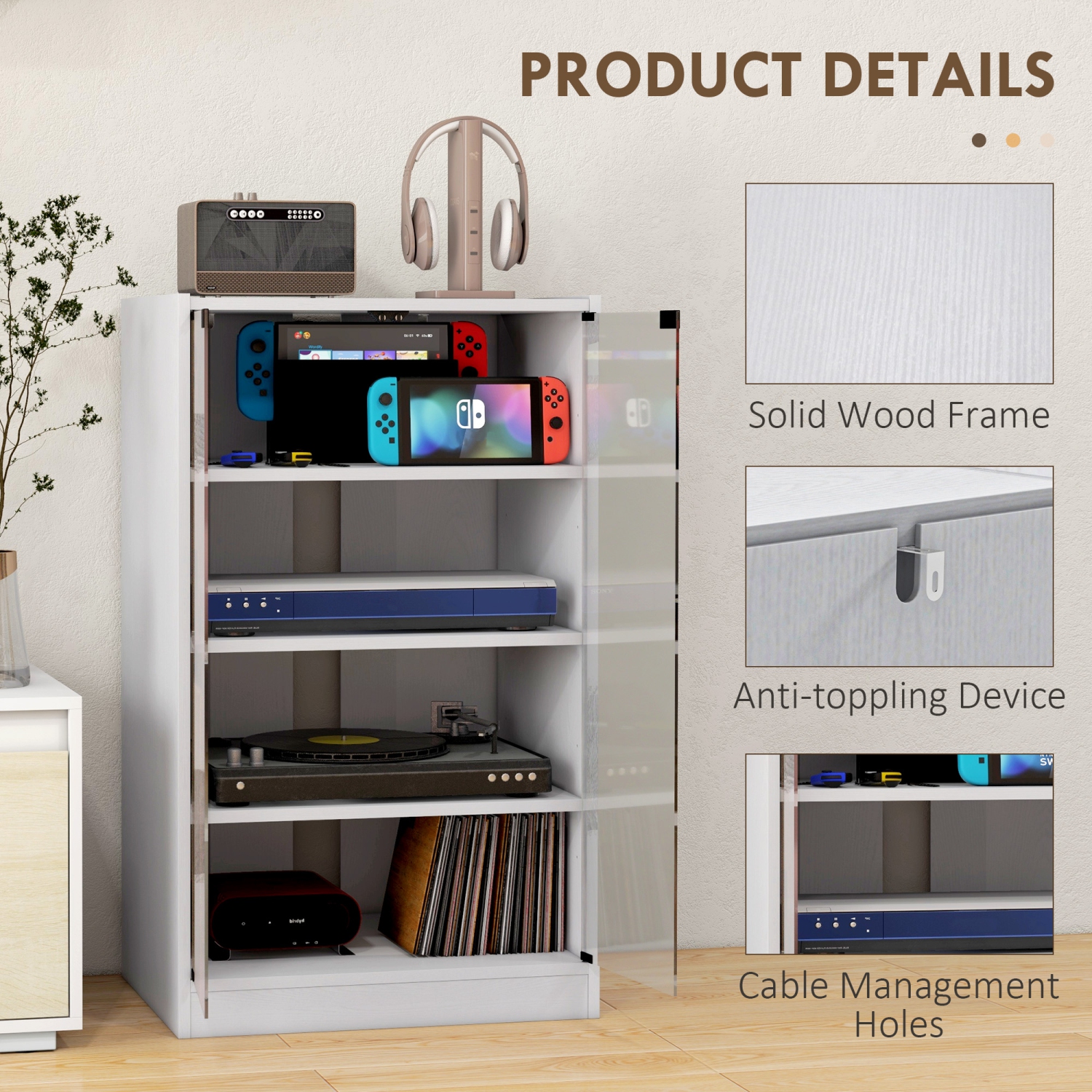 Meuble multimédia à 5 niveaux de HOMCOM, armoire de rangement pour DVD avec 3 tablettes réglables, portes en verre trempé et système d'organisation