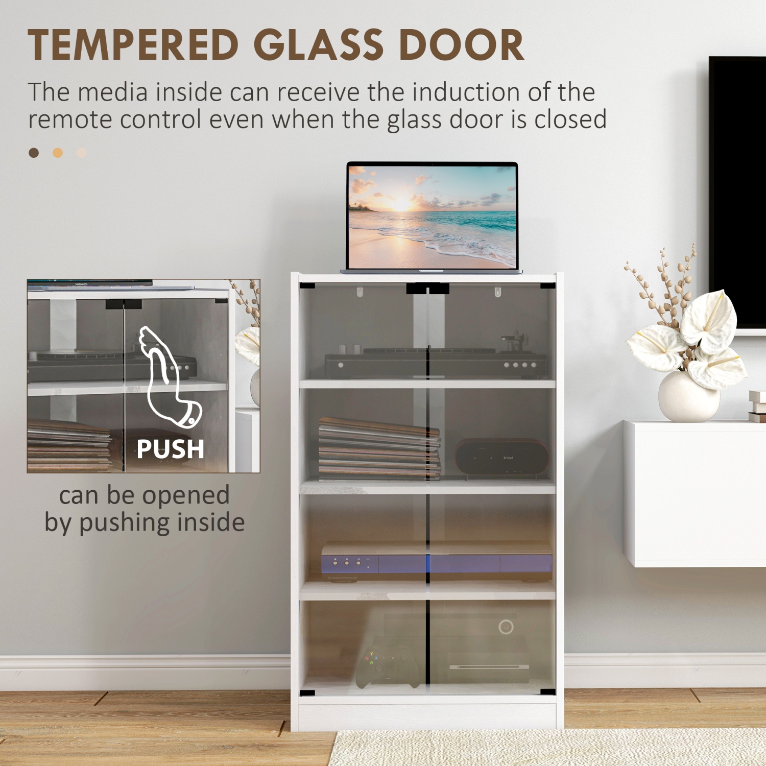 Meuble multimédia à 5 niveaux de HOMCOM, armoire de rangement pour DVD avec 3 tablettes réglables, portes en verre trempé et système d'organisation