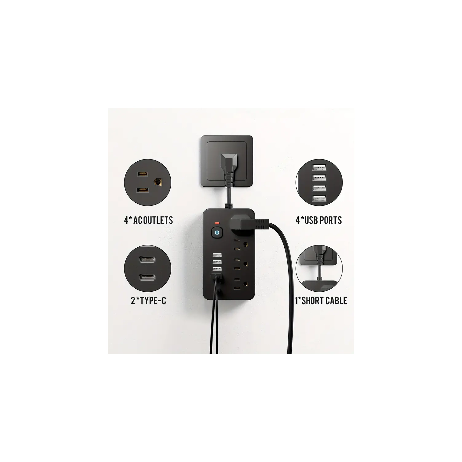 Barre d'alimentation multiprise 10-en-1 avec parasurtenseur, 4 prises c.a., 4 ports USB, 2 ports de type C, portative pour le bureau, maison, voyage,