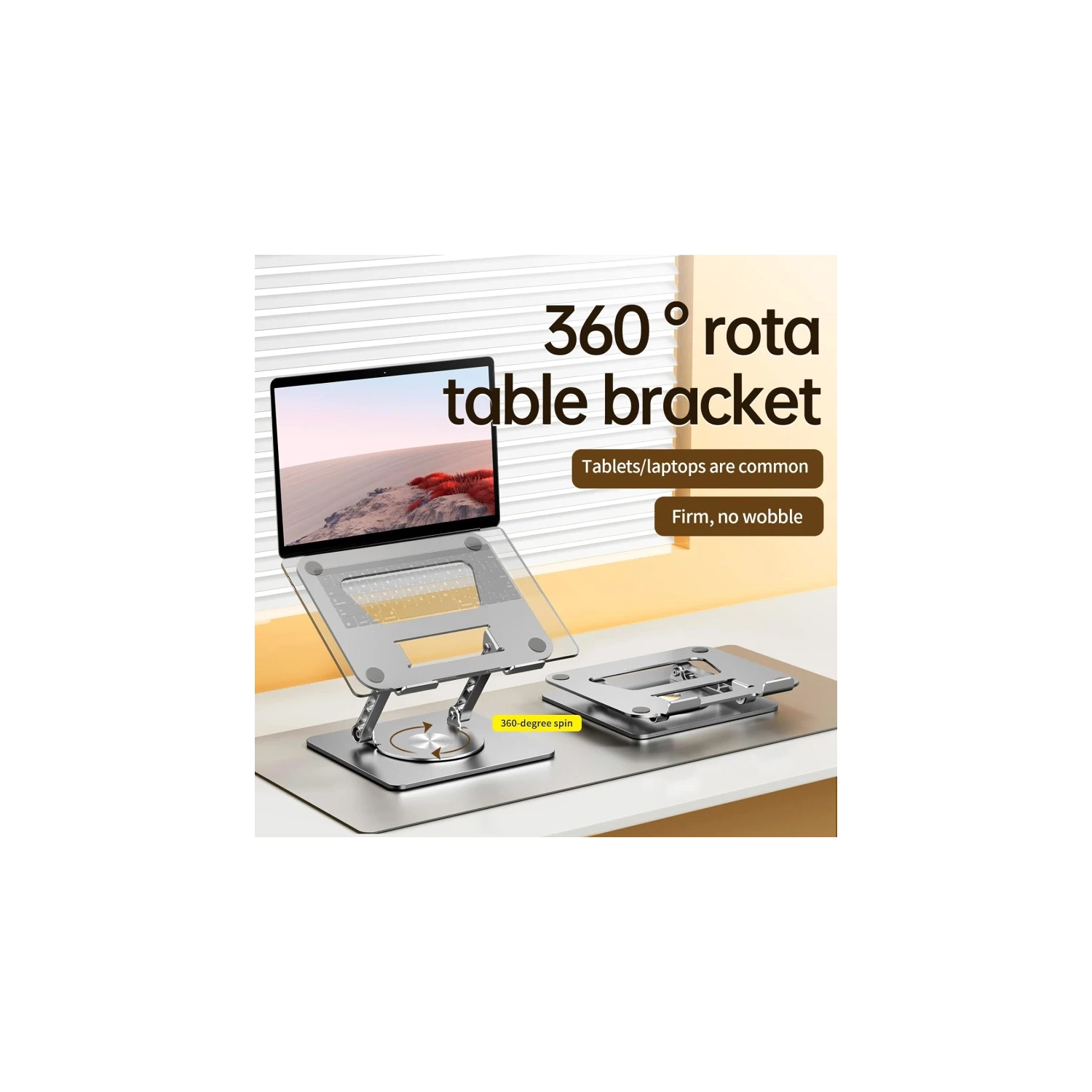 Support rotatif à 360° pour portable, hauteur réglable, base solide en aluminium, convient aux portables et tablettes de 10 à 17 po, argenté