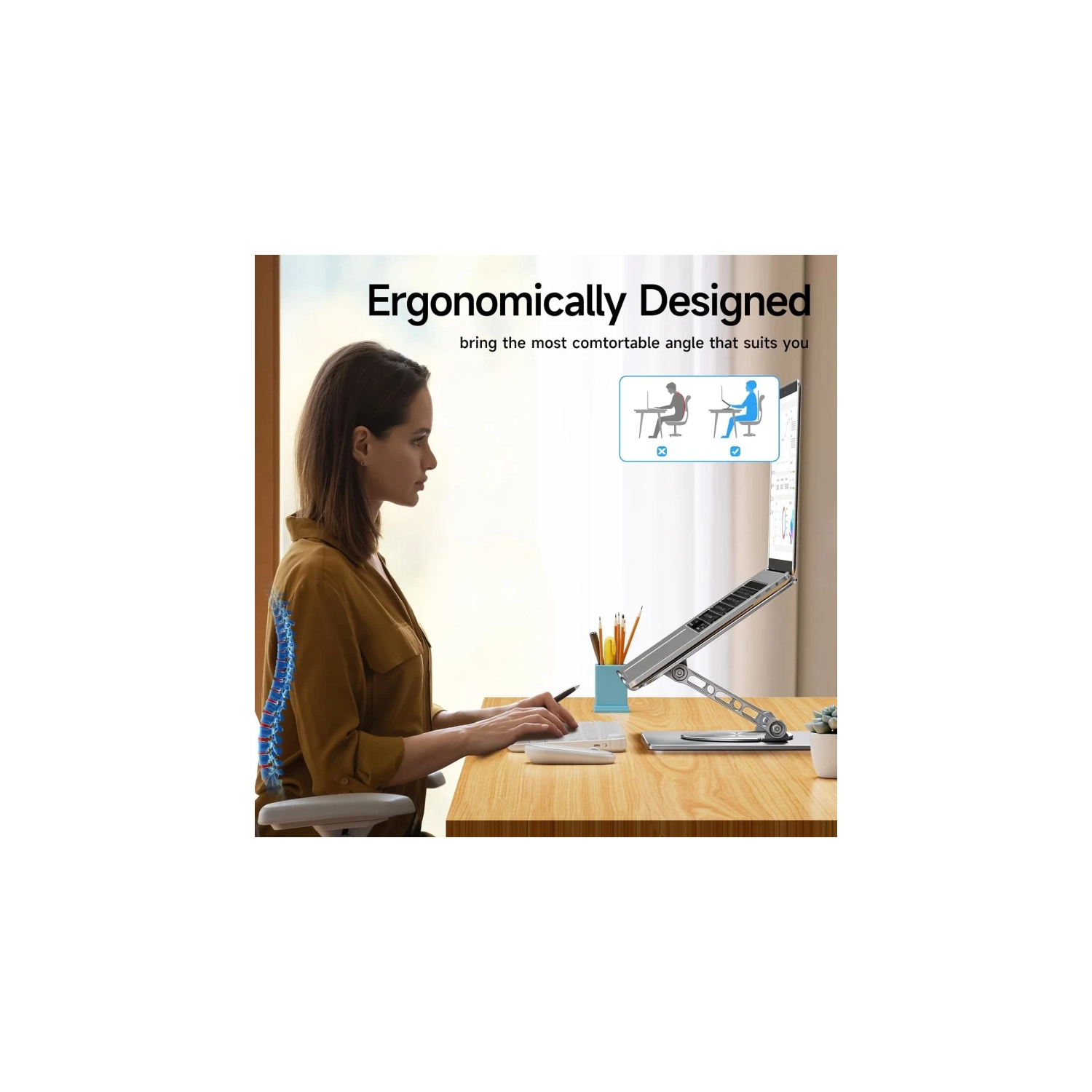 Support rotatif à 360° pour portable, hauteur réglable, base solide en aluminium, convient aux portables et tablettes de 10 à 17 po, argenté