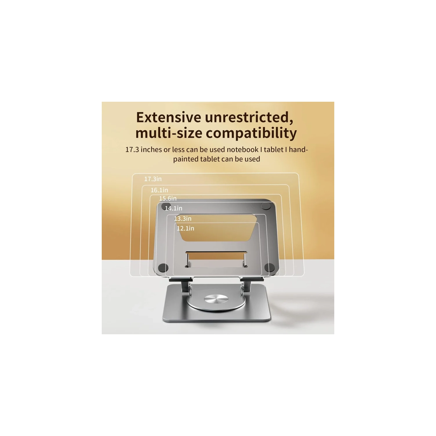 Support rotatif à 360° pour portable, hauteur réglable, base solide en aluminium, convient aux portables et tablettes de 10 à 17 po, argenté