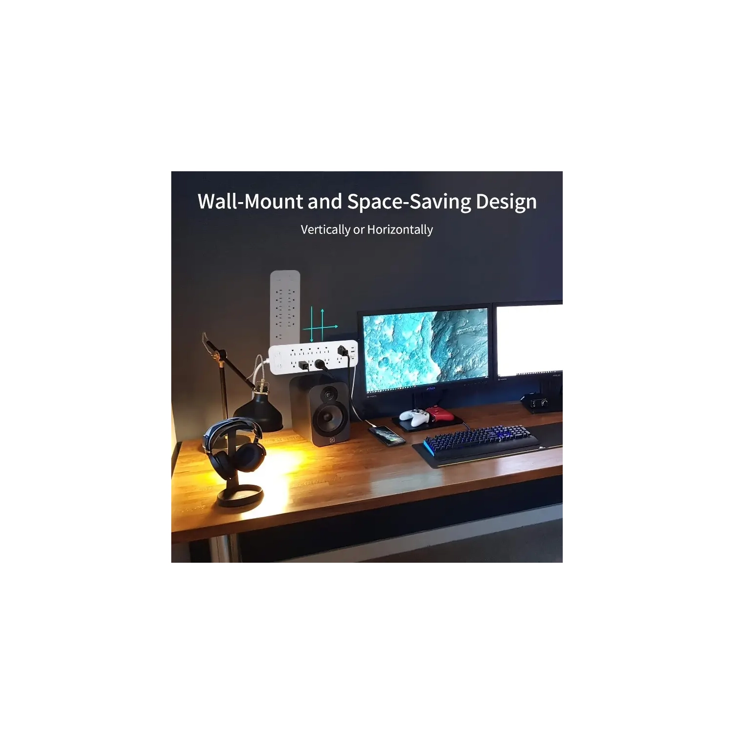 Barre d’alimentation parasurtenseur à 12 prises avec ports USB et USB-C, rallonge de 6ft m, fiche plate, 2100 joules, protection contre les