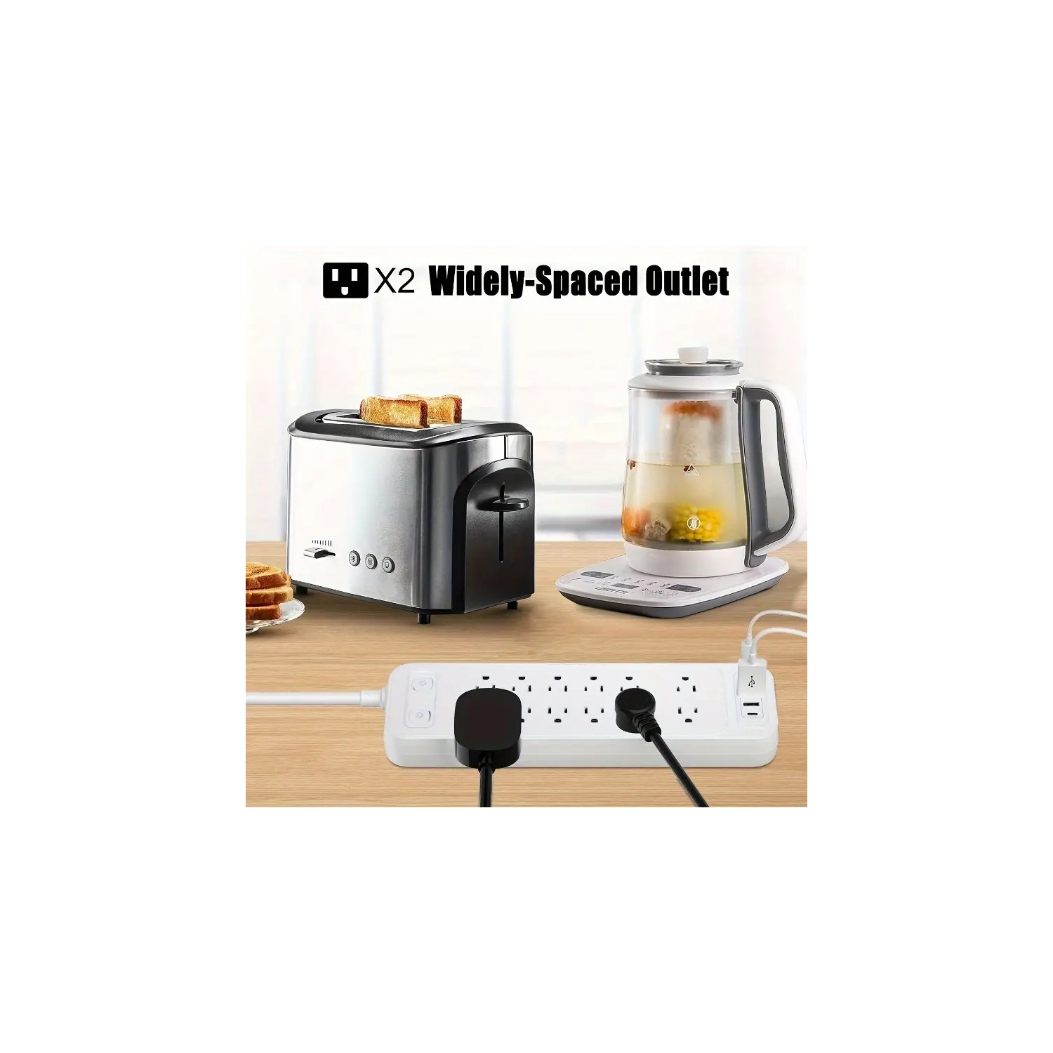 Barre d’alimentation parasurtenseur à 12 prises avec ports USB et USB-C, rallonge de 6ft m, fiche plate, 2100 joules, protection contre les