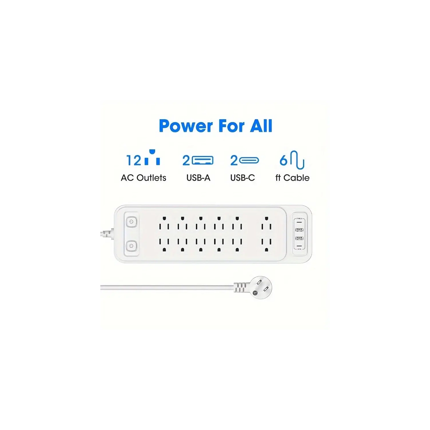 Barre d’alimentation parasurtenseur à 12 prises avec ports USB et USB-C, rallonge de 6ft m, fiche plate, 2100 joules, protection contre les