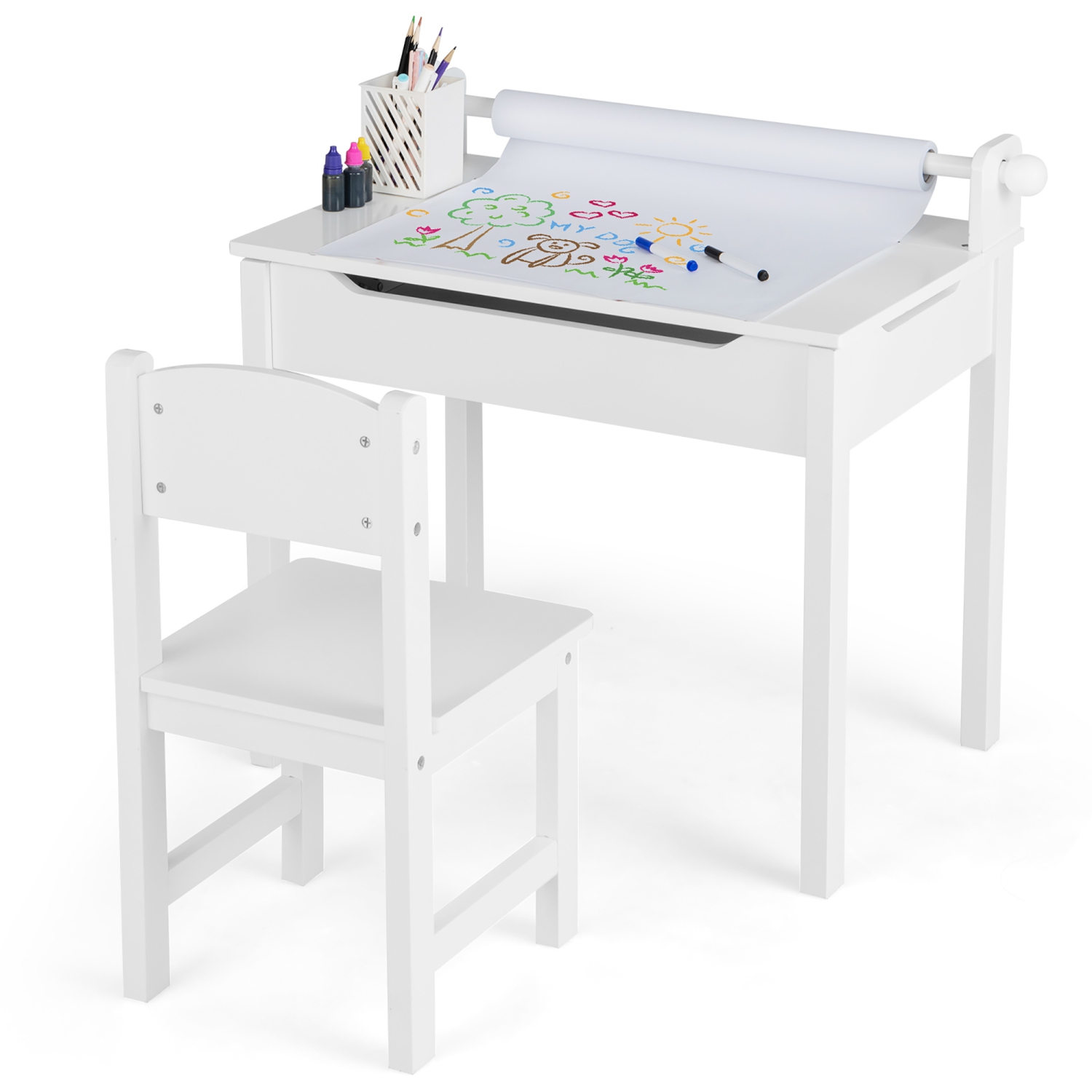 Ensemble table et chaises pour tout-petits de Costway pour enfants Art Crafts Table avec porte-rouleau en papier