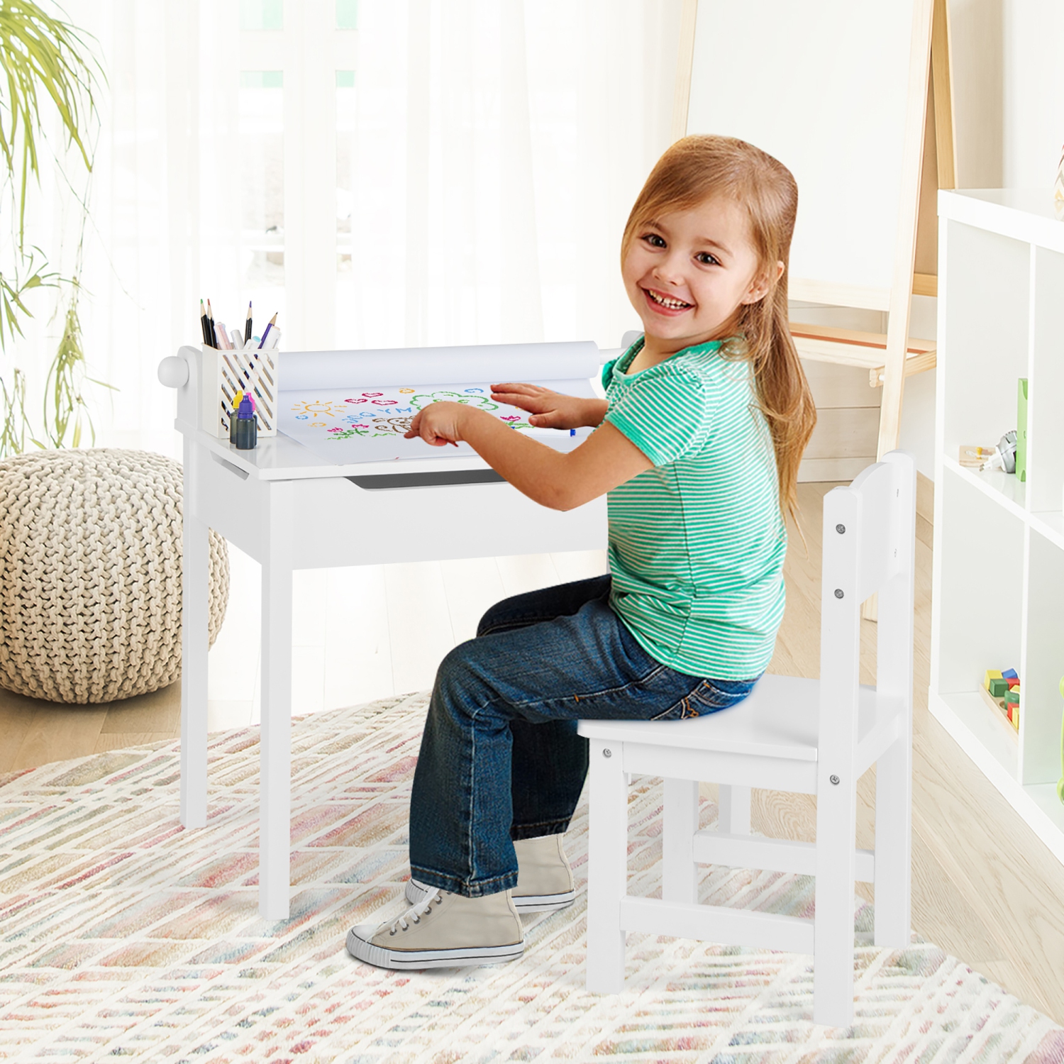 Ensemble table et chaises pour tout-petits de Costway pour enfants Art Crafts Table avec porte-rouleau en papier