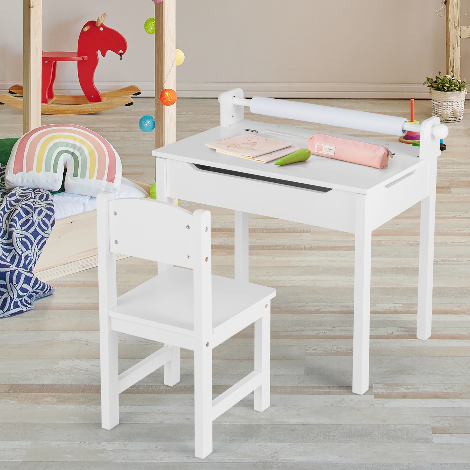 Ensemble table et chaises pour tout-petits de Costway pour enfants Art Crafts Table avec porte-rouleau en papier