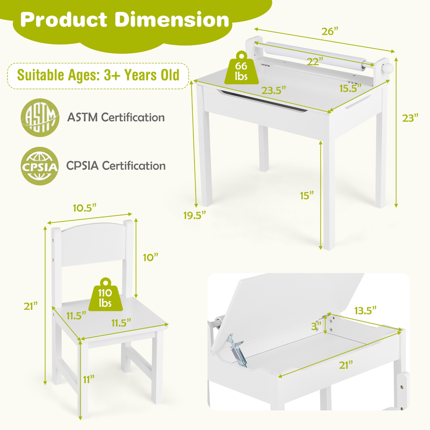 Ensemble table et chaises pour tout-petits de Costway pour enfants Art Crafts Table avec porte-rouleau en papier