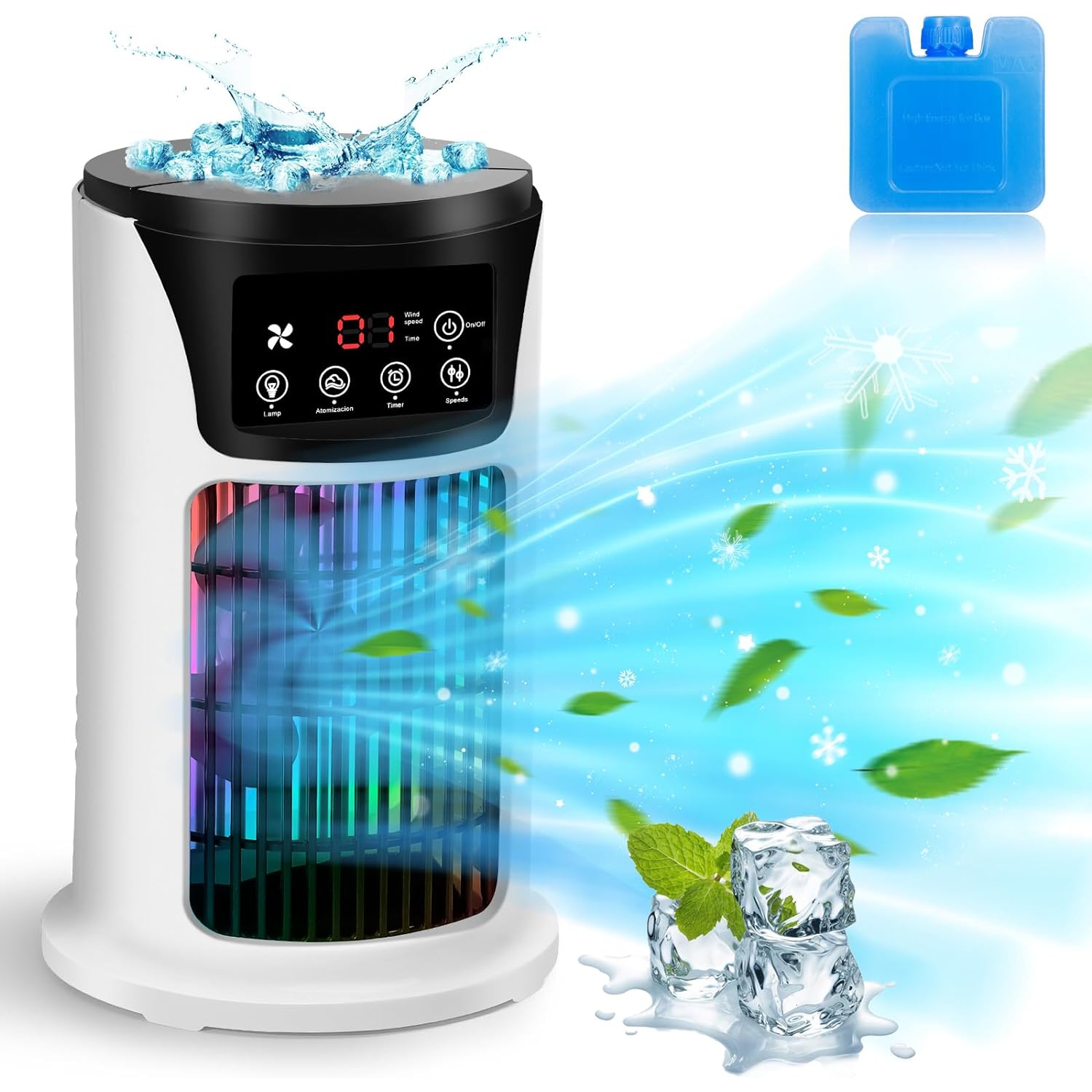 Portable Air Conditioner - Newest Upgraded Mini Air Cooler with 6 Speeds, 7-Color LED, 4-Hour Timer, Cool Mist Modes, Quiet and Powerful, Includes Ice Pack