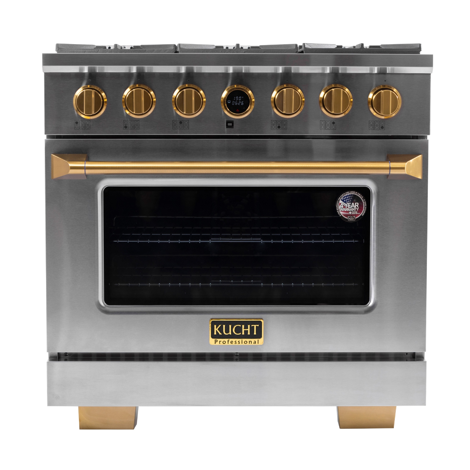 36 in. 5.2 cu. ft. 6 Burners Dual Fuel Range for Natural Gas in Stainless Steel with Gold Accents and Kucht Horus Thermostat