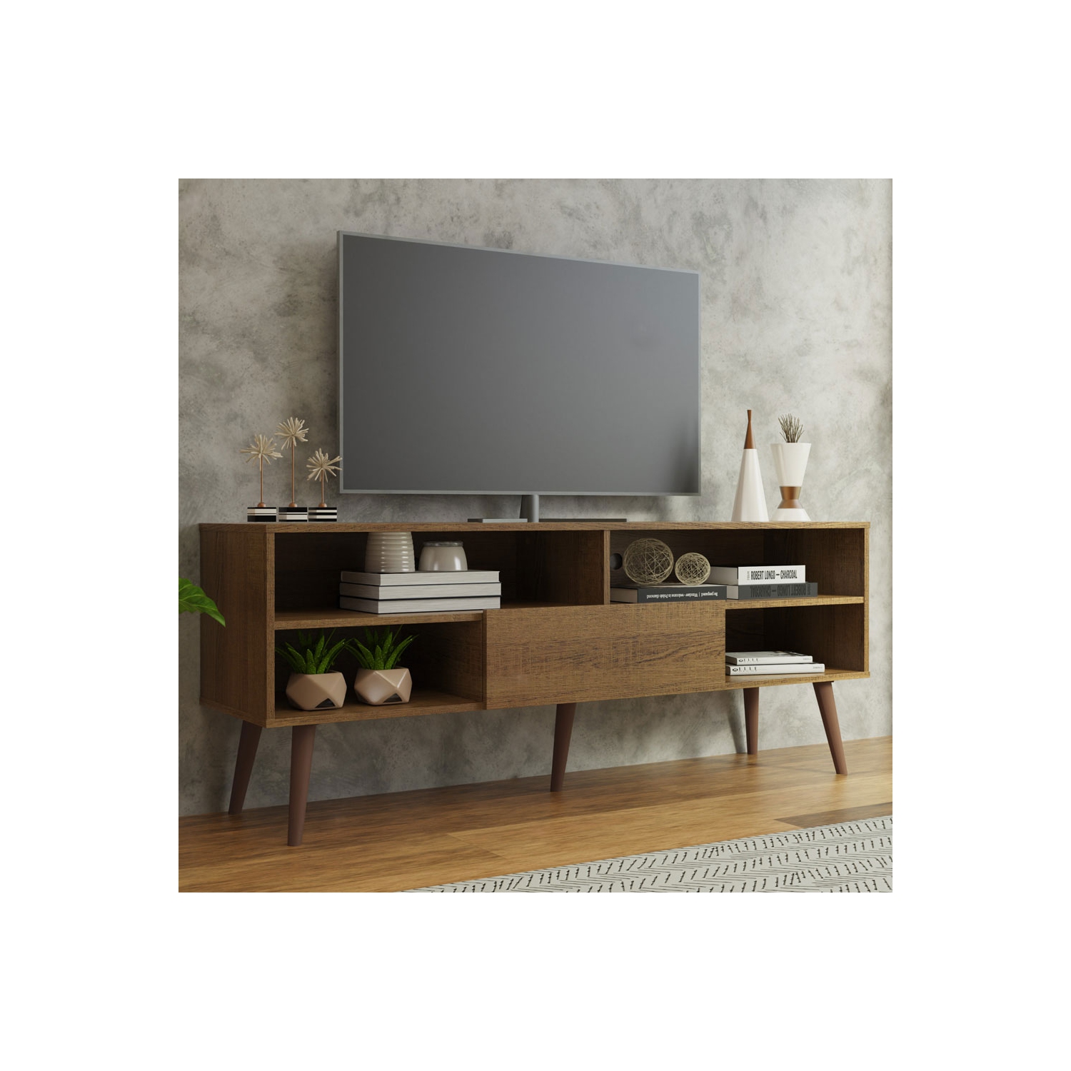 Madesa Modern TV Stand with 1 Door and 4 Shelves with Cable MANAGEMENT for 55, 65 Inch Media Storage Entertainment Center Wooden Television Cabinet -