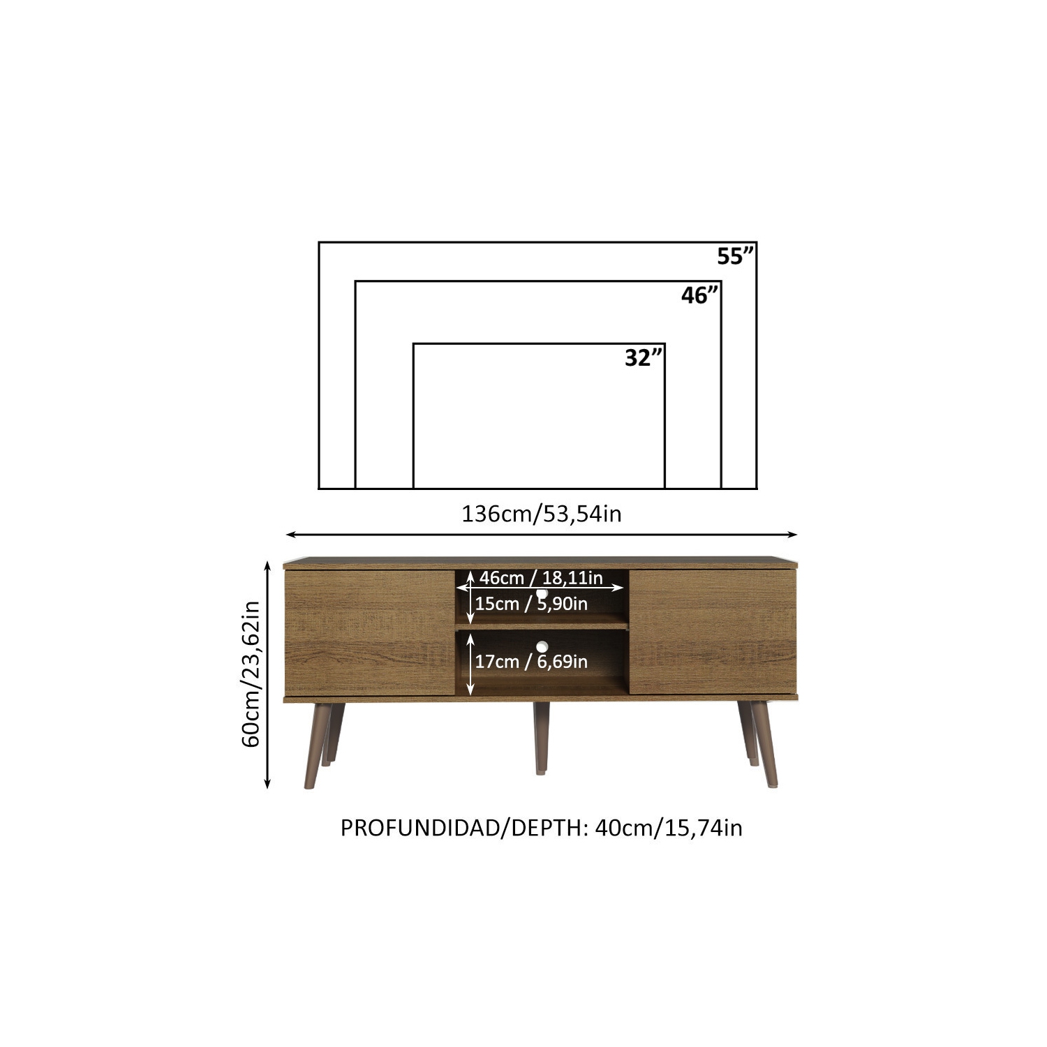 Meuble téléviseur Madesa 2 portes et 2 tablettes avec système d'organisation des câbles pour 50 et 55&nbsp;po Meuble multimédia multimédia Meuble en