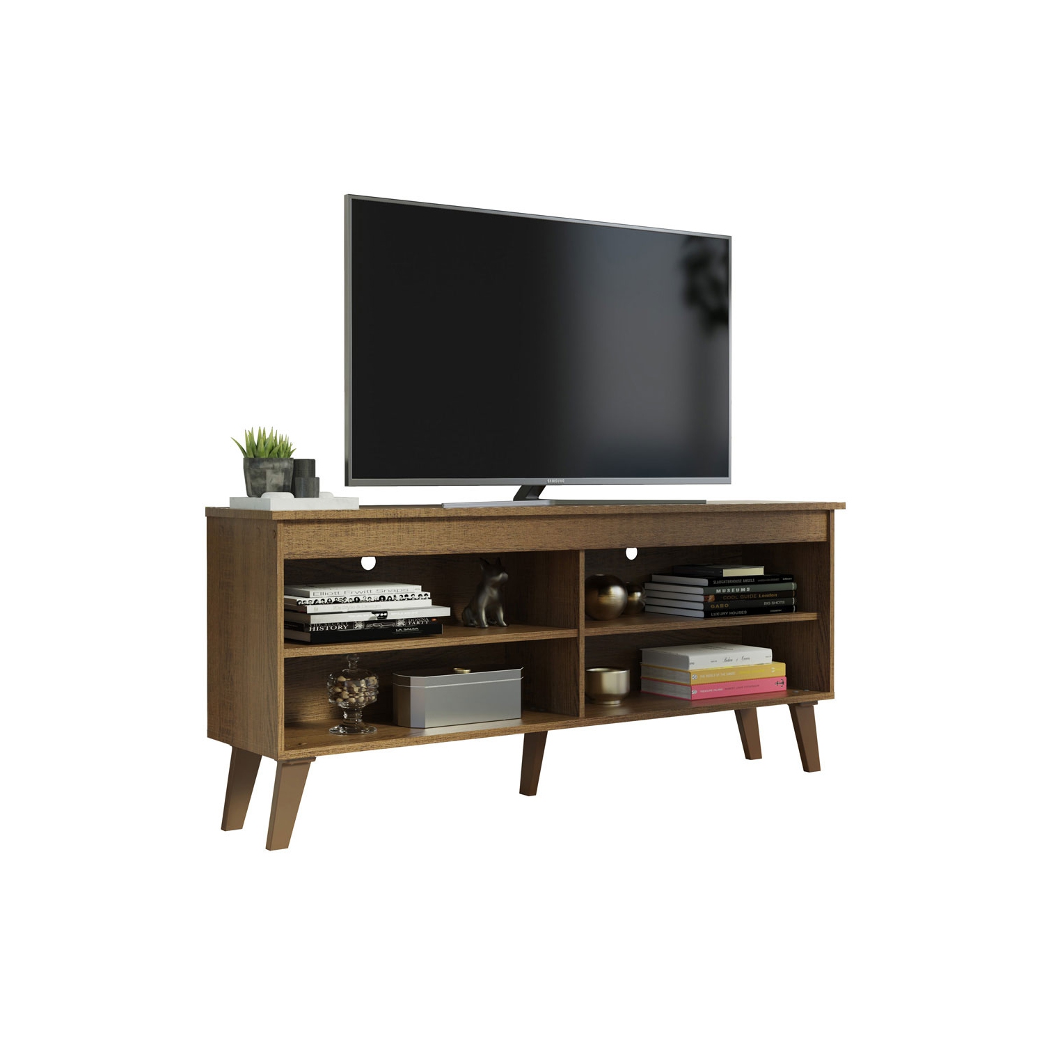 Madesa Compact TV Stand Cabinet with 4 Shelves and Cable Management for 50, 55 Inch TV Media Storage Unit Living Room and Bedroom Modern Wooden