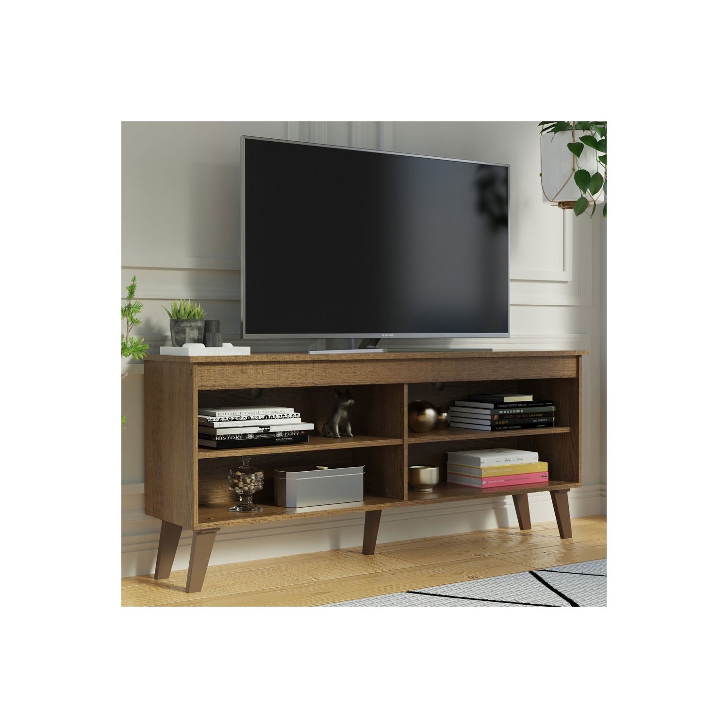 Madesa Compact TV Stand Cabinet with 4 Shelves and Cable Management for 50, 55 Inch TV Media Storage Unit Living Room and Bedroom Modern Wooden
