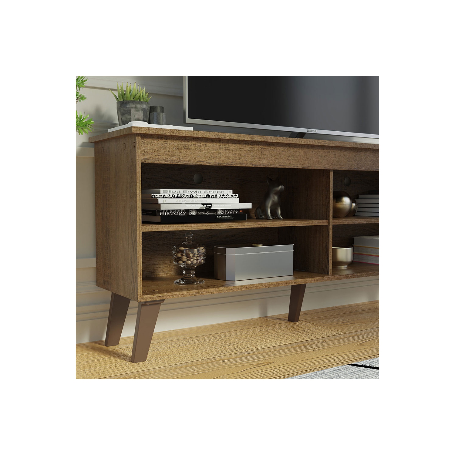 Madesa Compact TV Stand Cabinet with 4 Shelves and Cable Management for 50, 55 Inch TV Media Storage Unit Living Room and Bedroom Modern Wooden