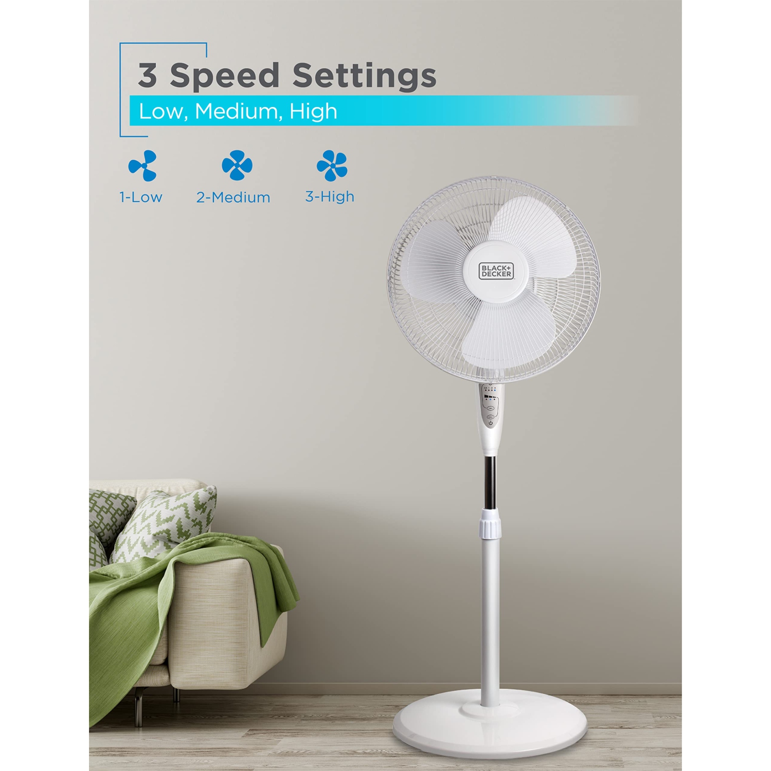 BLACK+DECKER 16-inch Stand Fan with Remote, Free-Standing Fan 3-Speed Settings, White