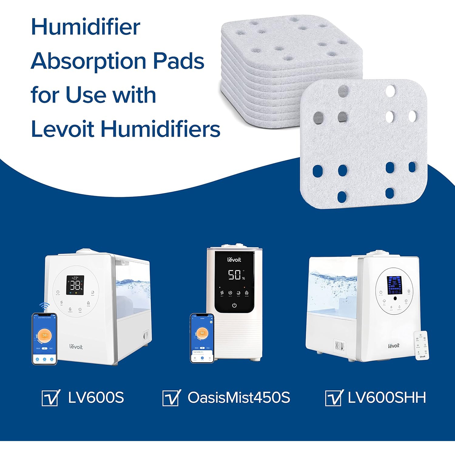 LEVOIT Humidifier Replacement Filters 10-Pack, Mineral Absorption Pad,Compatible with LV600S,LV600HH,OasisMist450S,Capture Fine Particles in Water