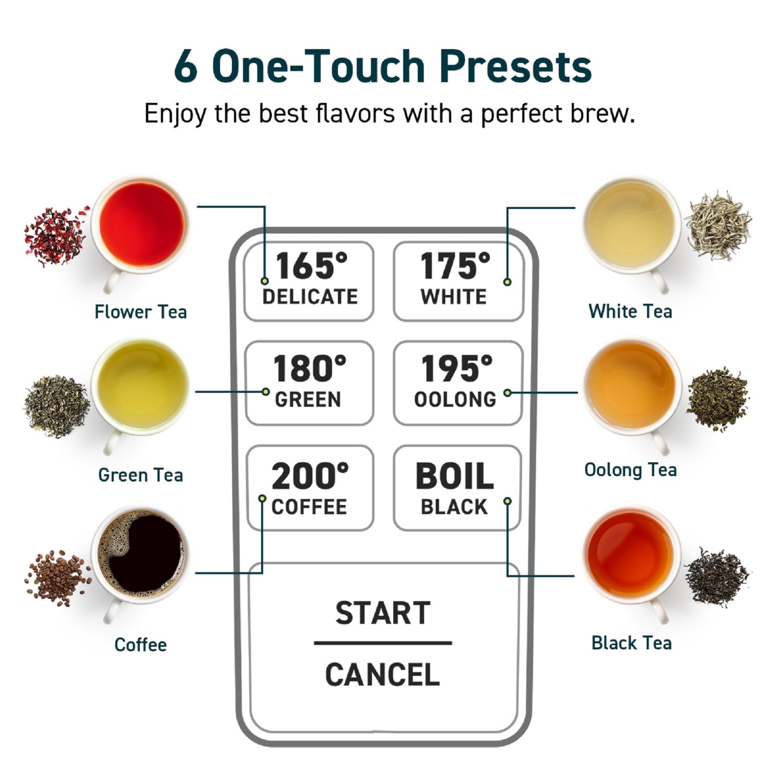 Commande de température de la bouilloire électrique COSORI avec 6 préréglages, chaudière à eau chaude et chauffe-thé, filtre 100 % acier inoxydable.