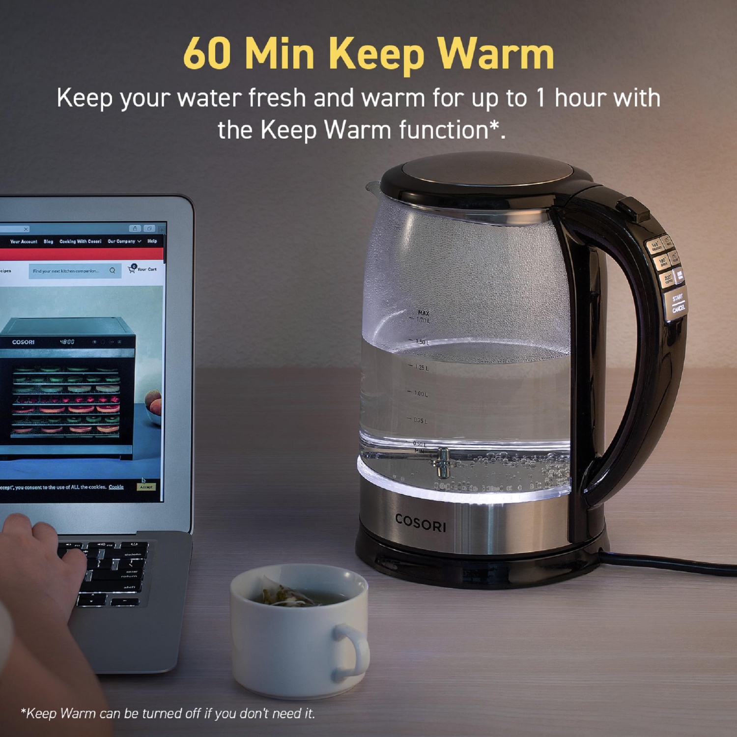 Commande de température de la bouilloire électrique COSORI avec 6 préréglages, chaudière à eau chaude et chauffe-thé, filtre 100 % acier inoxydable.