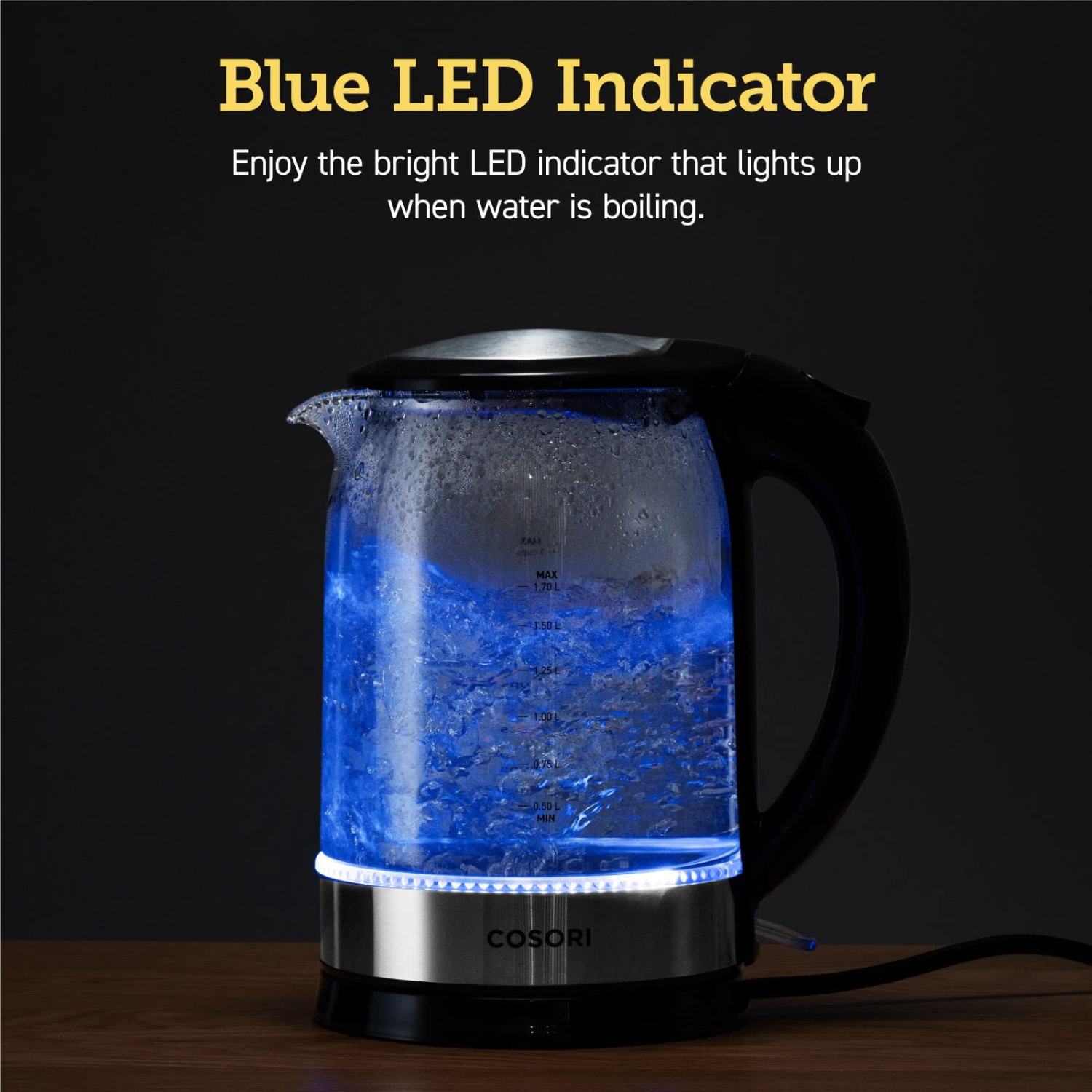 Bouilloire électrique en verre Cosori de 1,7l l, bouilloire à thé, chaudière à eau, ébullition rapide de 1500W l avec couvercle intérieur en acier