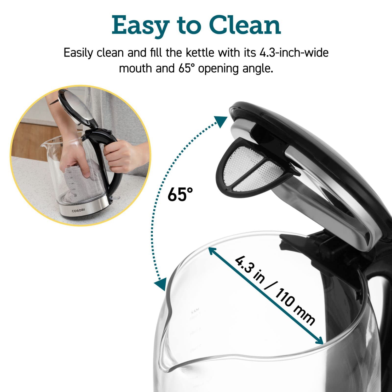 Bouilloire électrique en verre Cosori de 1,7l l, bouilloire à thé, chaudière à eau, ébullition rapide de 1500W l avec couvercle intérieur en acier