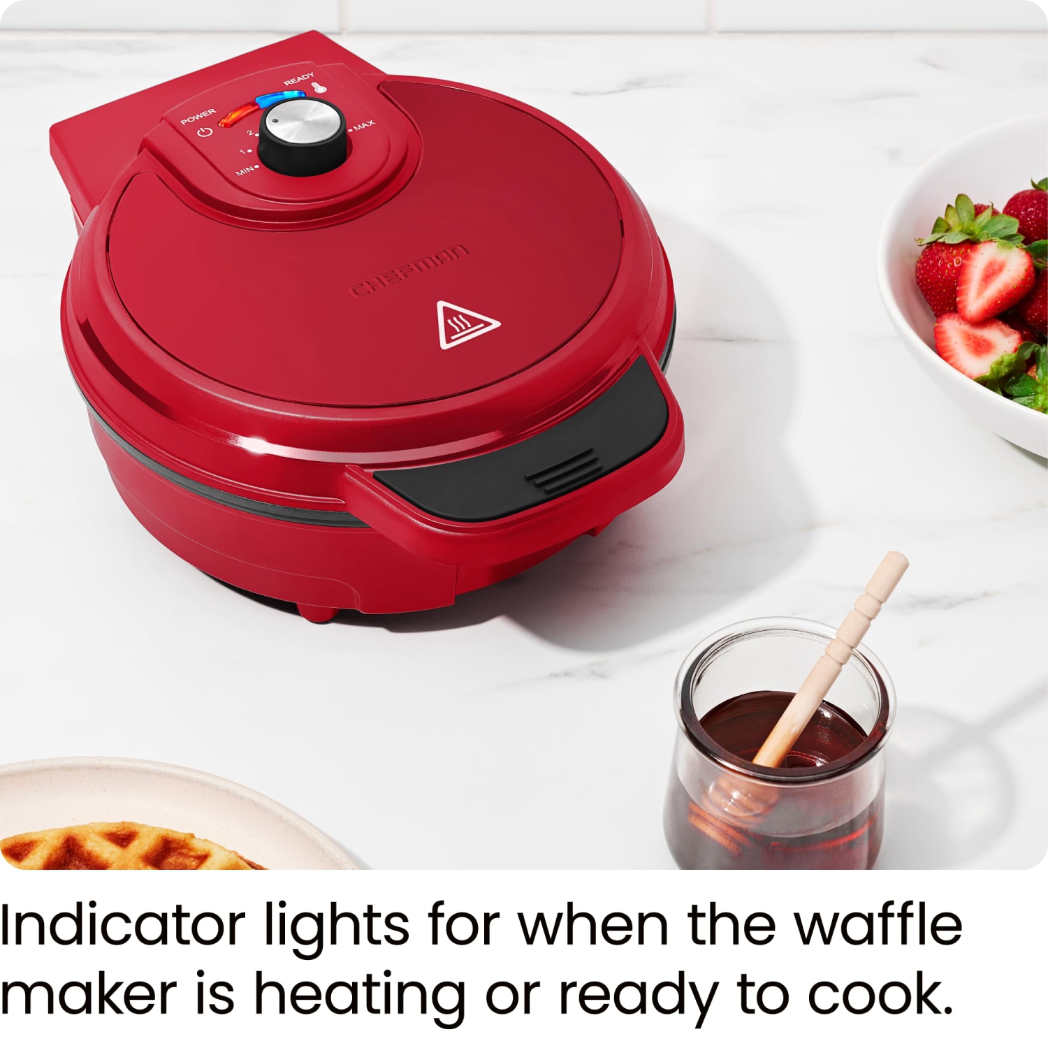 Chefman Anti-Overflow Belgian Waffle Maker w/ Shade Selector, Temperature Control, Mess Free Moat, Red