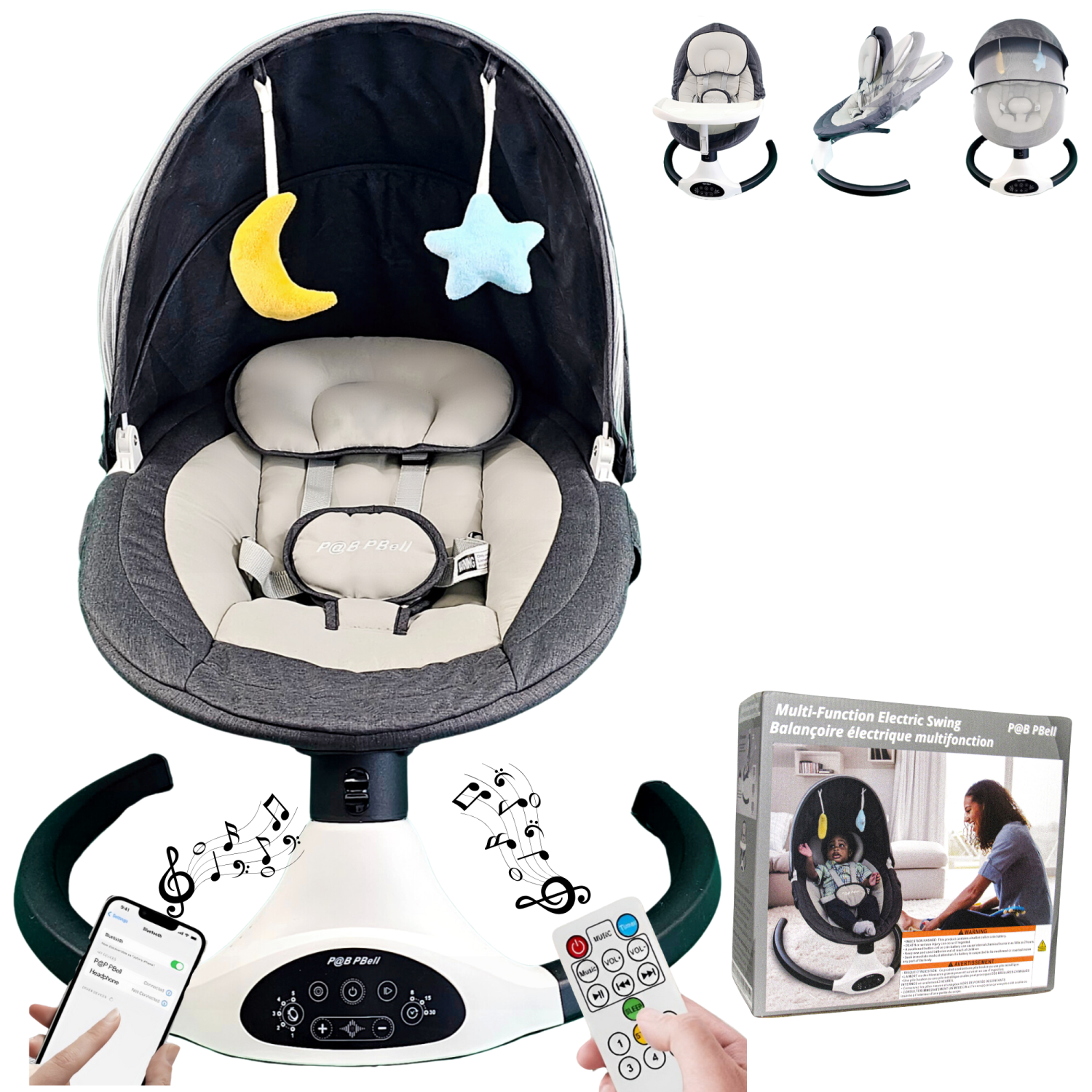P@B PBell Baby Swing for Infants, Bluetooth Music Speaker 5 Speeds and Remote Control. Five-Point Seat Belt.