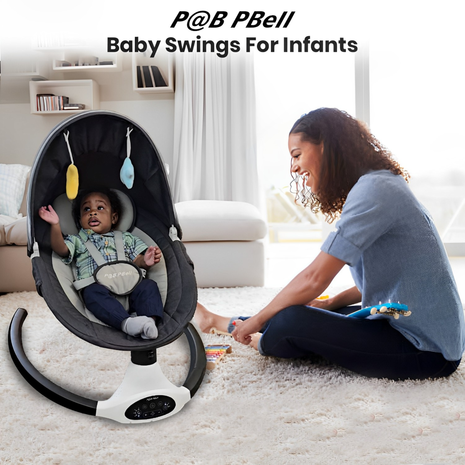 P@B PBell Baby Swing for Infants, Bluetooth Music Speaker 5 Speeds and Remote Control. Five-Point Seat Belt.