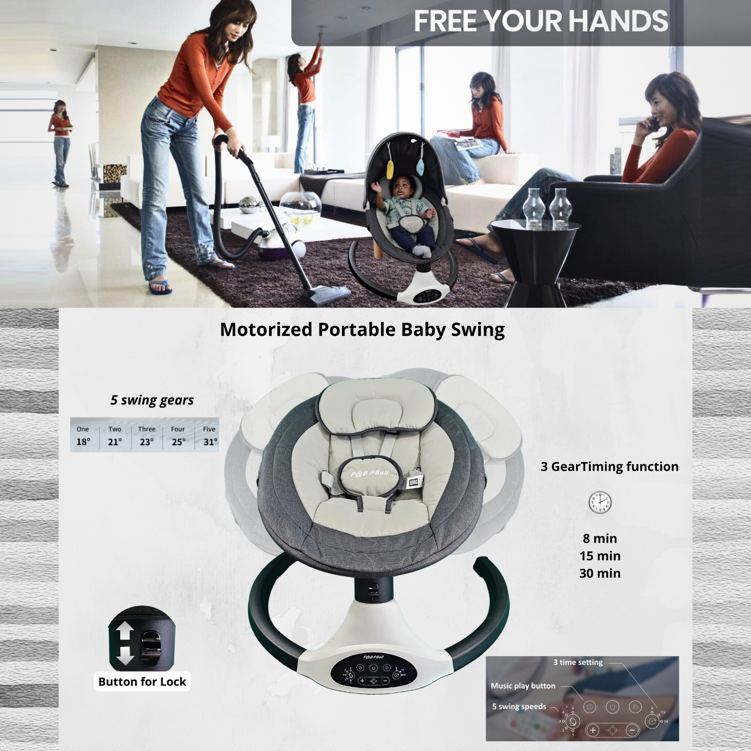 P@B PBell Baby Swing for Infants, Bluetooth Music Speaker 5 Speeds and Remote Control. Five-Point Seat Belt.