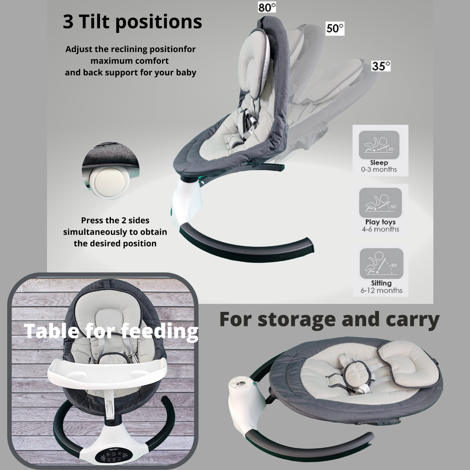 P@B PBell Baby Swing for Infants, Bluetooth Music Speaker 5 Speeds and Remote Control. Five-Point Seat Belt.