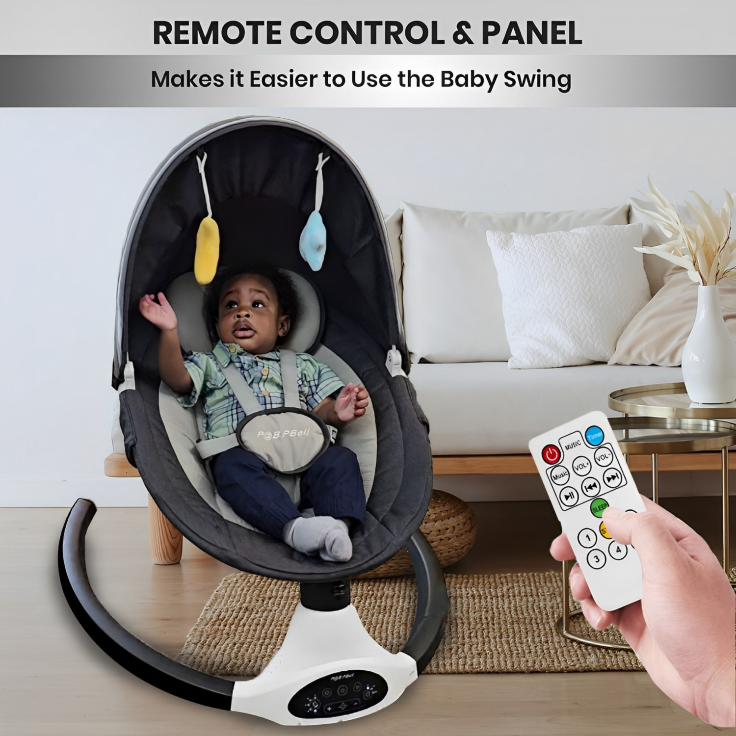 P@B PBell Baby Swing for Infants, Bluetooth Music Speaker 5 Speeds and Remote Control. Five-Point Seat Belt.