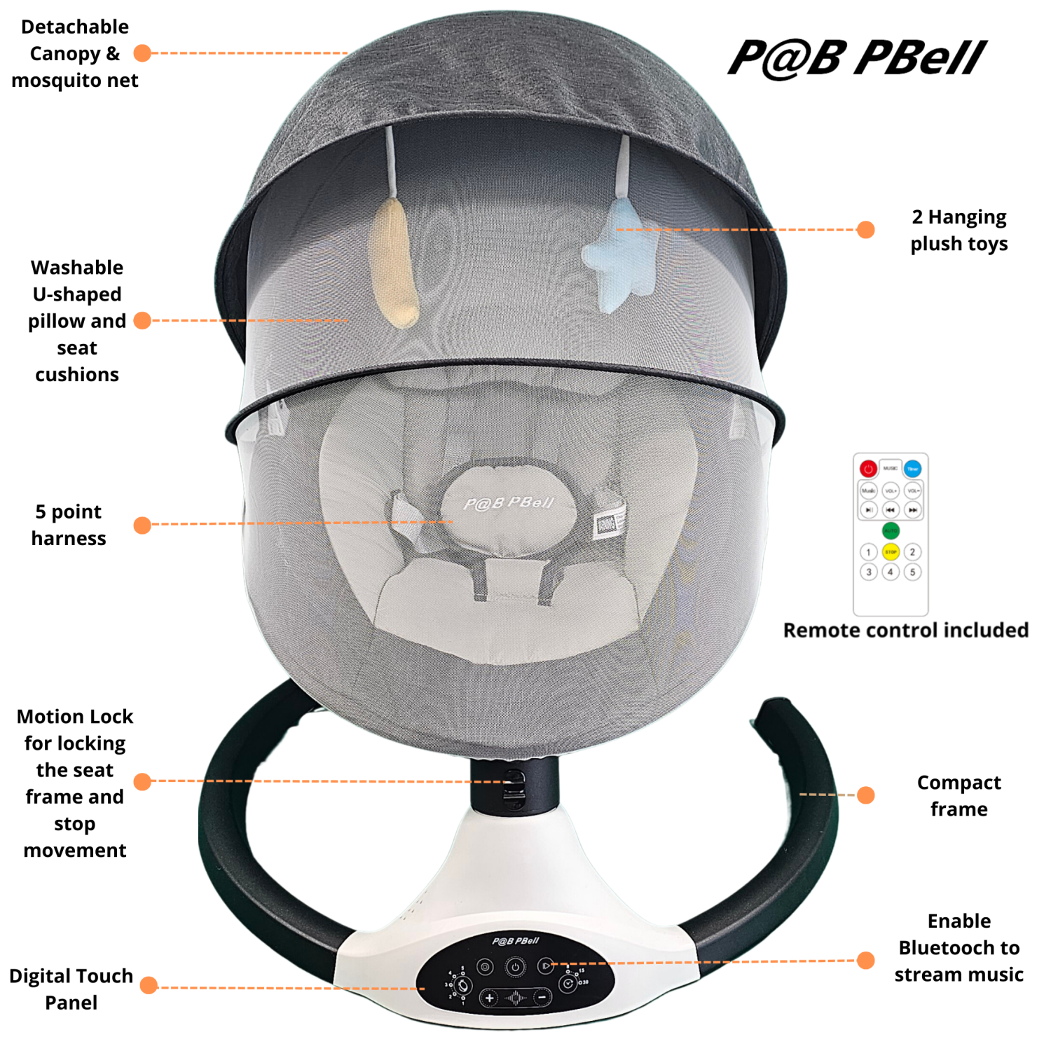 P@B PBell Baby Swing for Infants, Bluetooth Music Speaker 5 Speeds and Remote Control. Five-Point Seat Belt.