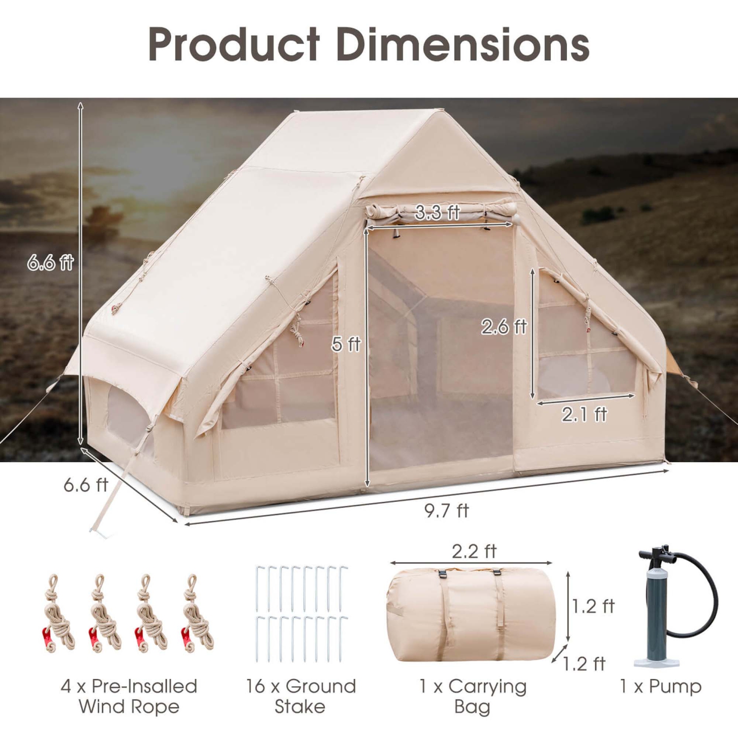Costway Inflatable Camping Tent 2-6 People Cotton Glamping Tent for Family Camping