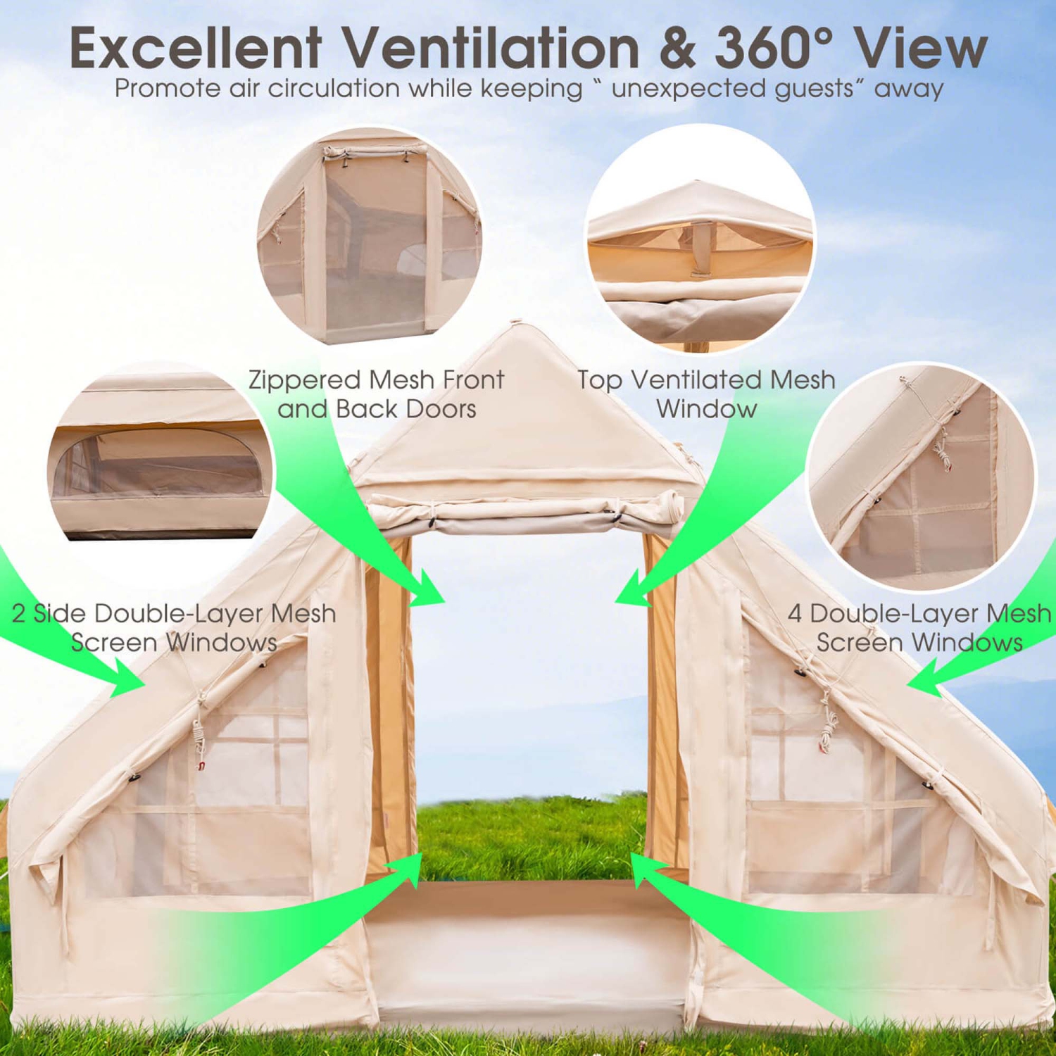 Costway Inflatable Camping Tent 2-6 People Cotton Glamping Tent for Family Camping