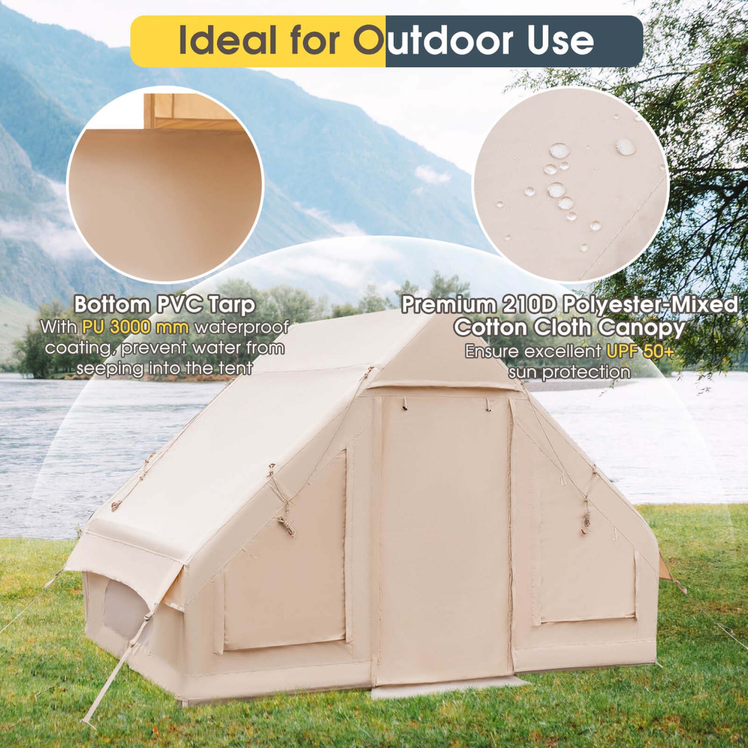 Costway Inflatable Camping Tent 2-6 People Cotton Glamping Tent for Family Camping