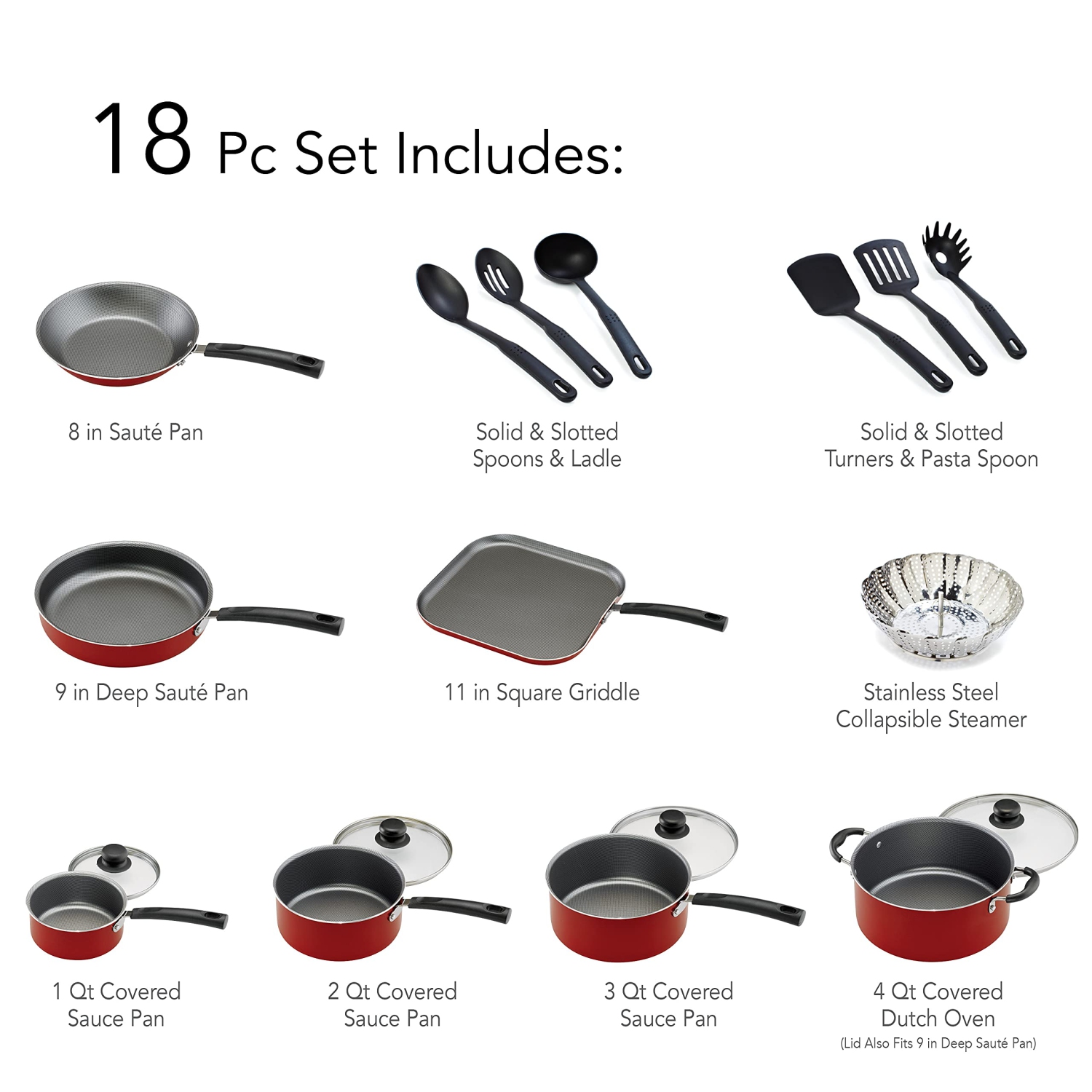 Tramontina PrimaWare 18 Pc Aluminum Nonstick Cookware Set – Red