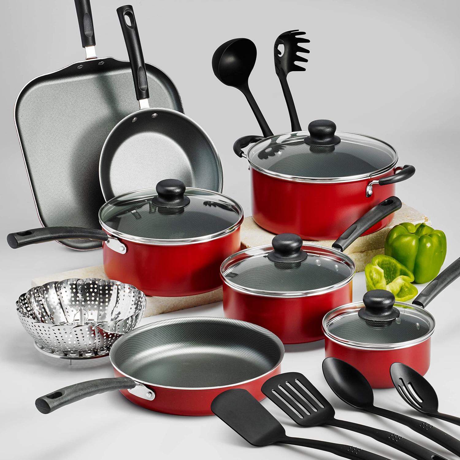 Tramontina PrimaWare 18 Pc Aluminum Nonstick Cookware Set – Red