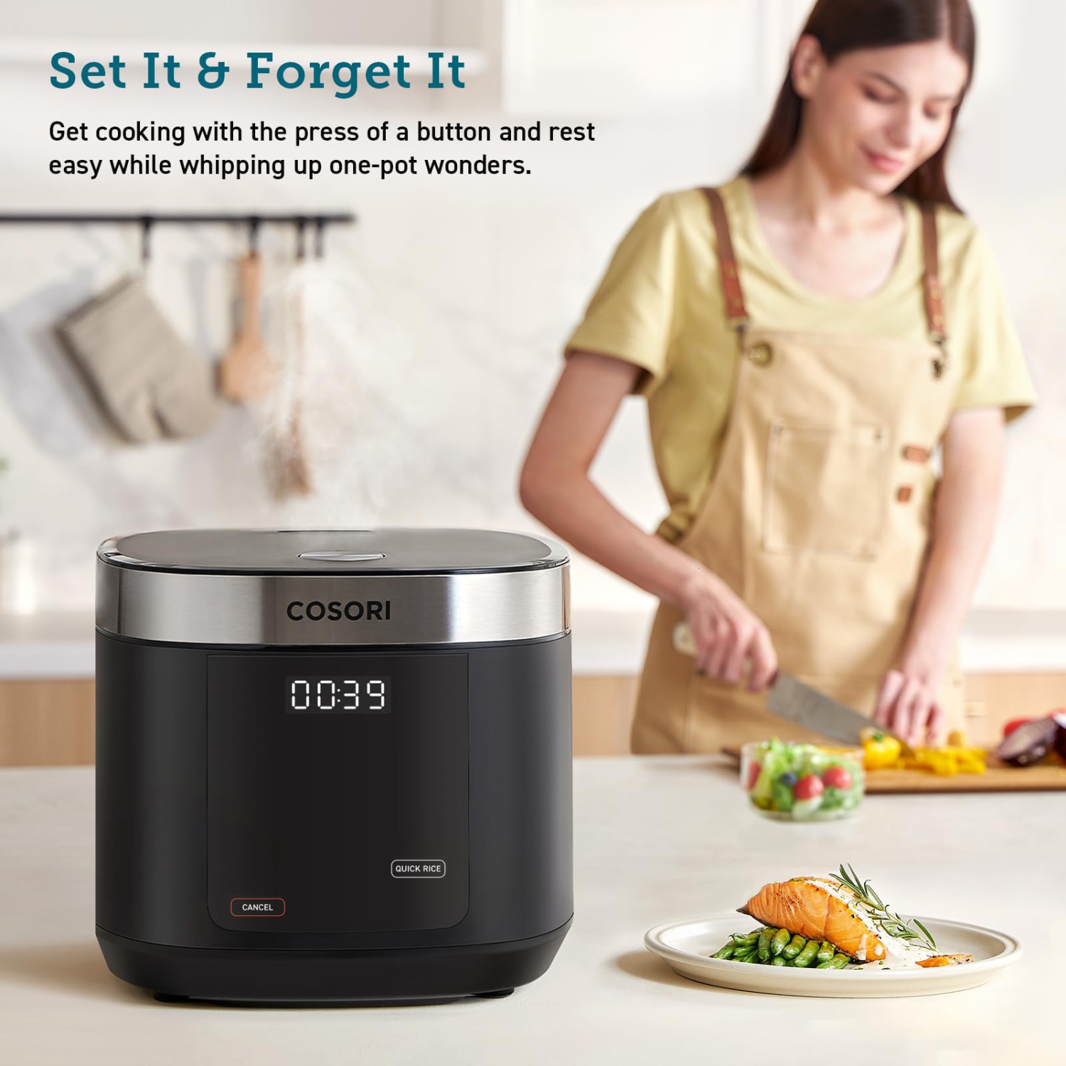 COSORI Micom Rice Cooker Maker 18 Functions, Warmer, Steamer, Slow Cooker, Sauté, with 50 Recipes, Timer, 1000W
