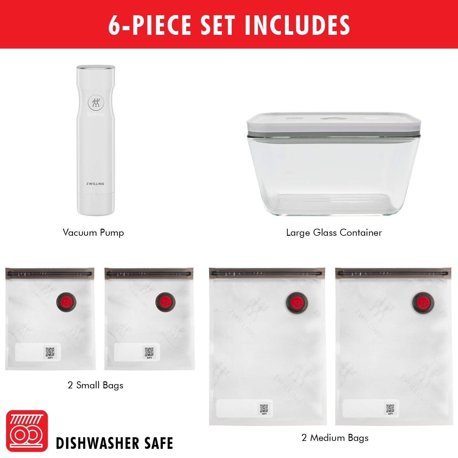 ZWILLING Fresh & Save Vacuum Sealer Machine Starter Set, 6 Piece BPA-Free Sous Vide, Meal Prep Container Set - Glass