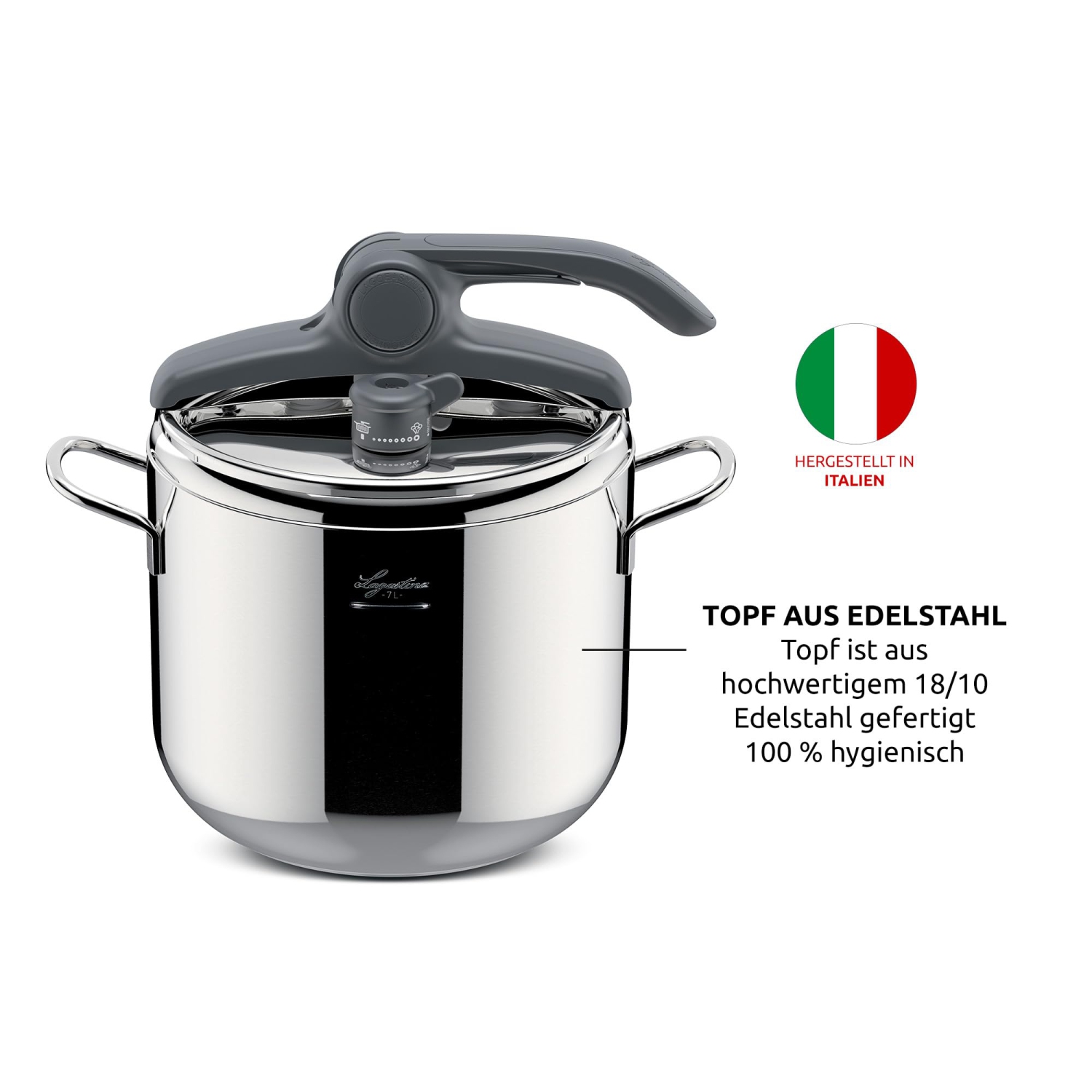 Lagostina Irradial Pressure Cooker Control Lagoeasy'Up, 7 L, 18/10 Stainless Steel, 22 cm